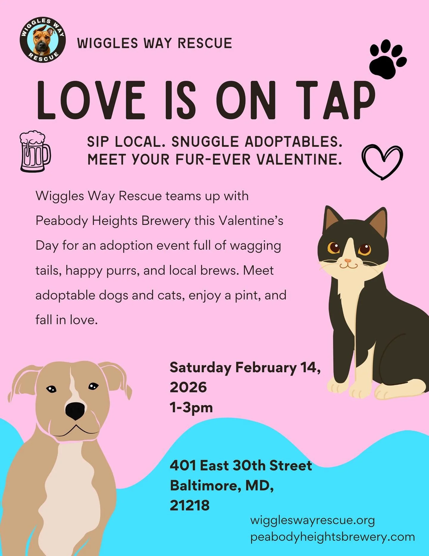 Love is in the air (and in your pint 🍻 💘)

Wiggles Way Rescue is teaming up with Peabody Heights Brewery this Valentine&rsquo;s Day to bring you adoptable dogs and cats, local brews, and plenty of heart-melting moments. Come sip, snuggle, and maybe