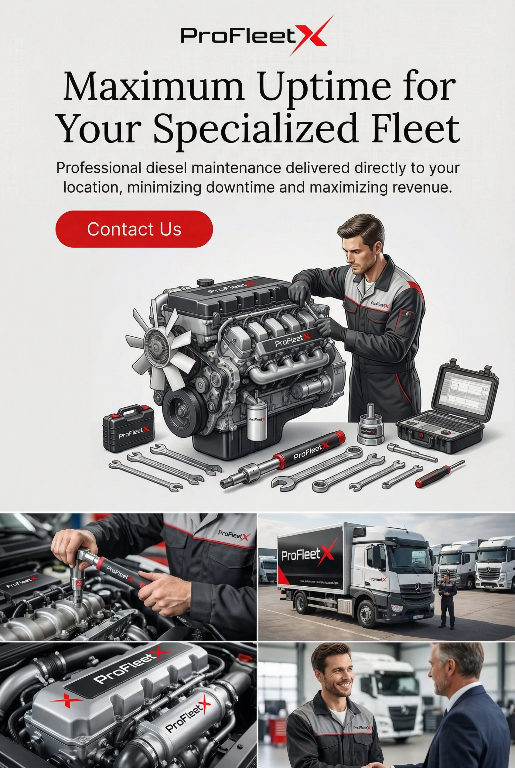 Promotional advertisement for ProFleet X, featuring a mechanic working on a diesel engine, images of service tools, a ProFleet X branded delivery truck, and two mechanics shaking hands in a service center.