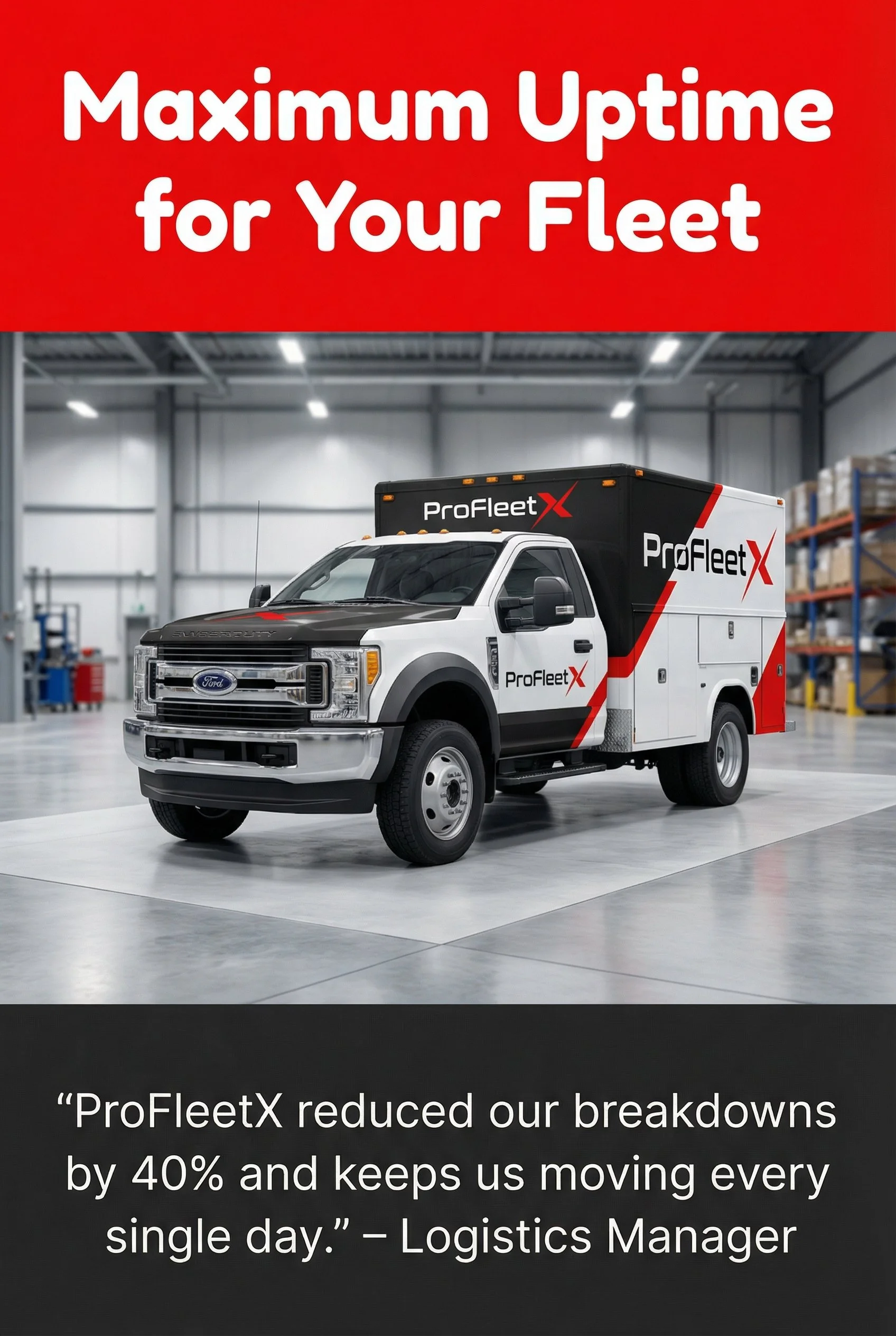 A promotional image showing a fleet maintenance truck inside a warehouse, with a red banner at the top that reads 'Maximum Uptime for Your Fleet'. The lower part of the image contains a quote from a logistics manager about ProFleetX reducing breakdowns by 40% and keeping the fleet moving.