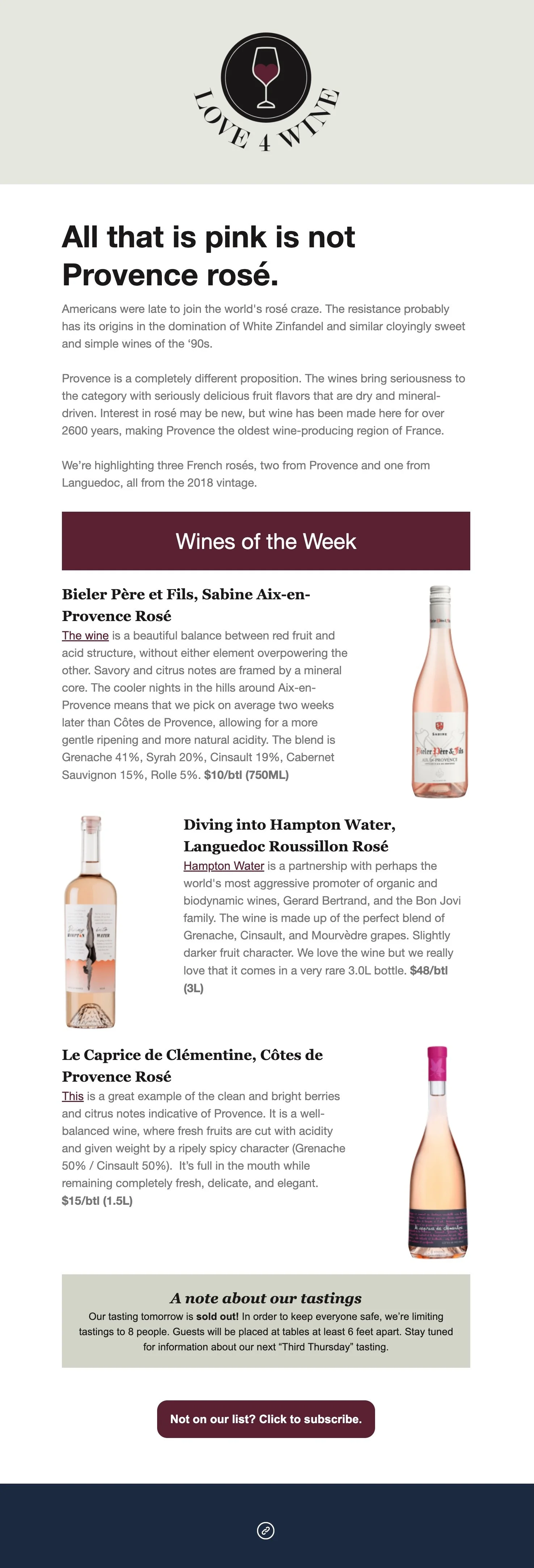 Newsletter about rosé wines, featuring a logo with a wine glass and heart, followed by descriptions of three French rosés with images of their bottles.