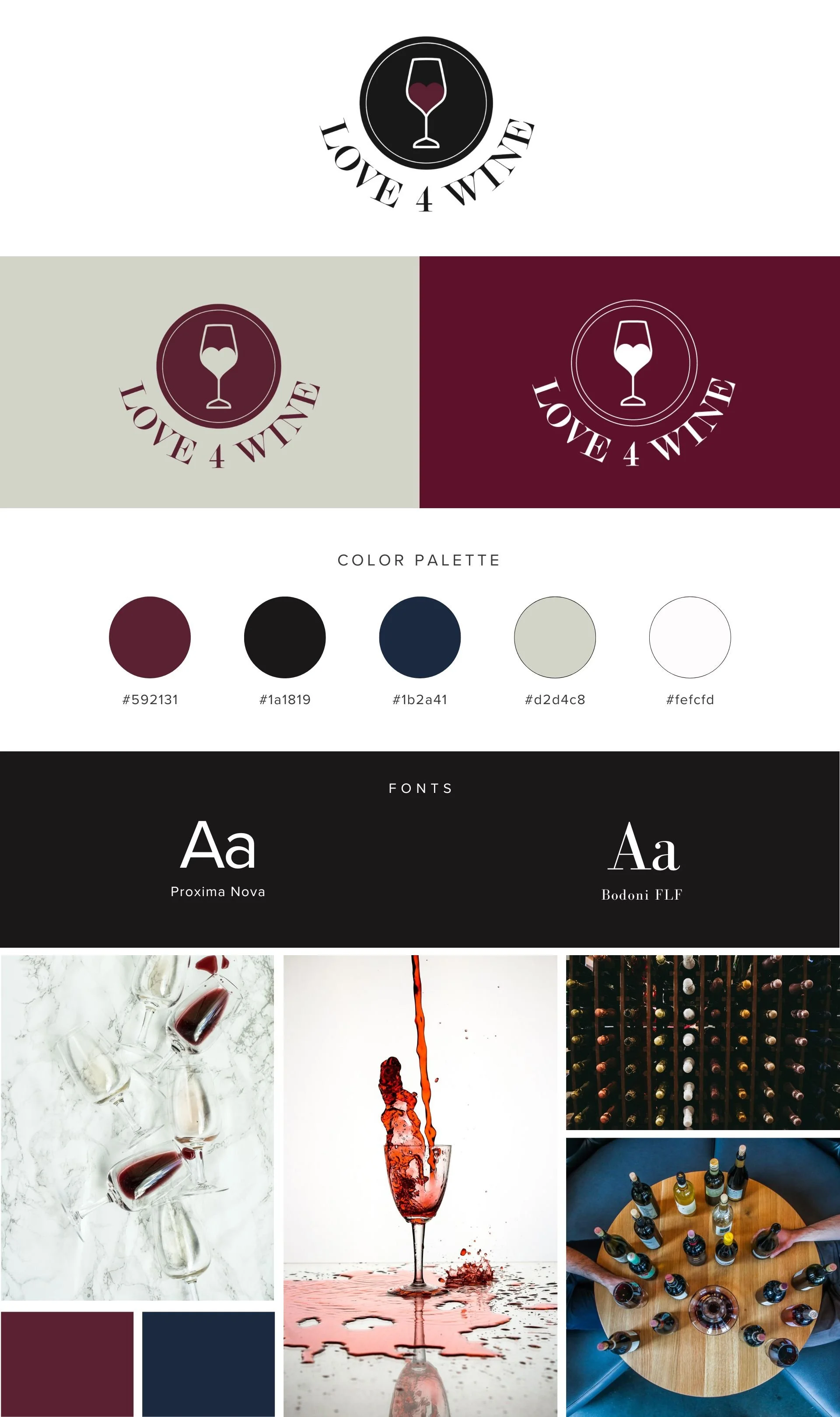 A branding style guide for "Love 4 Wine" featuring a wine glass logo in three color variations, a color palette with burgundy, black, navy, and light gray, font choices of Proxima Nova and Bodoni FLF, and images of wine bottles, glasses, and wine-related scenes.