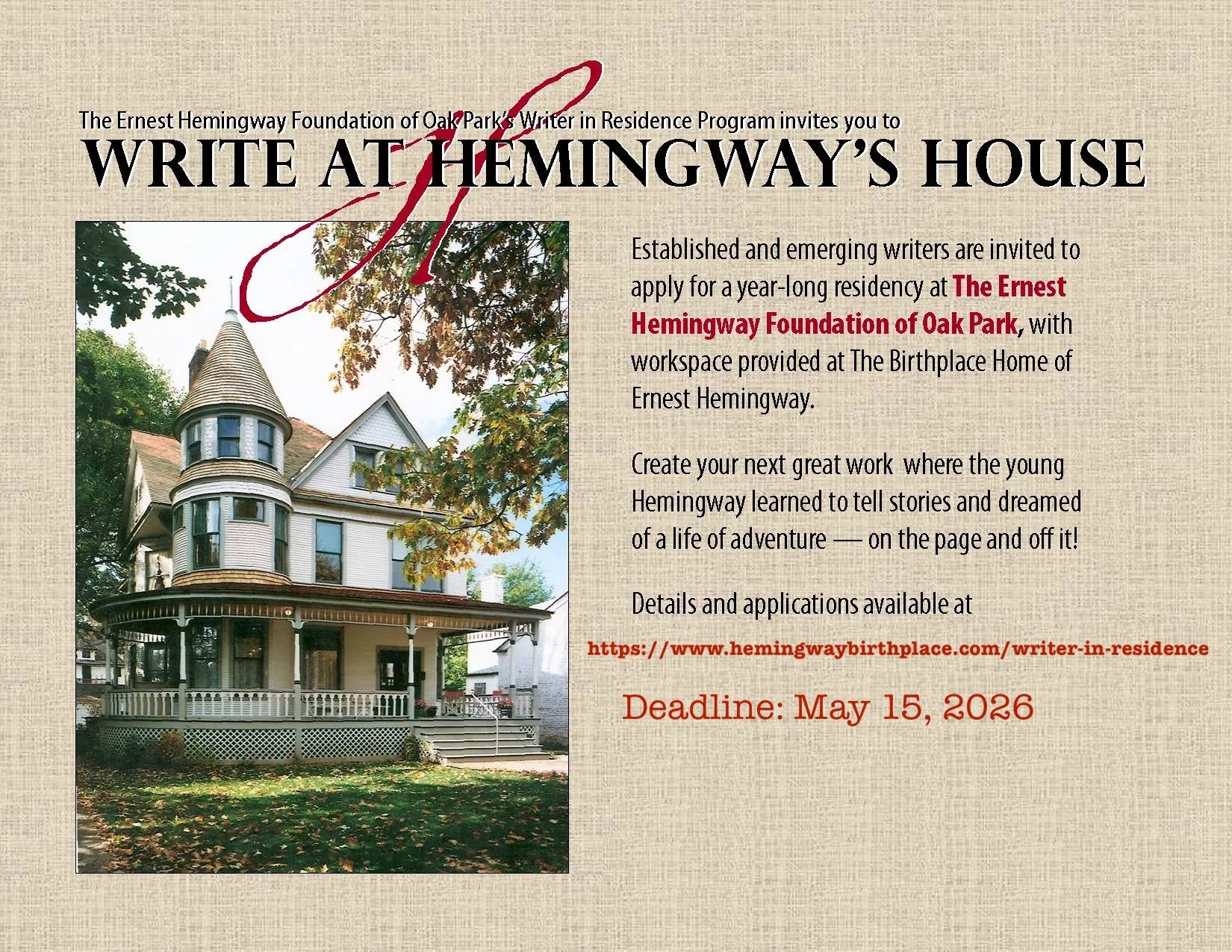 Writer In Residence Application NOW OPEN, deadline is May 15, 2026
