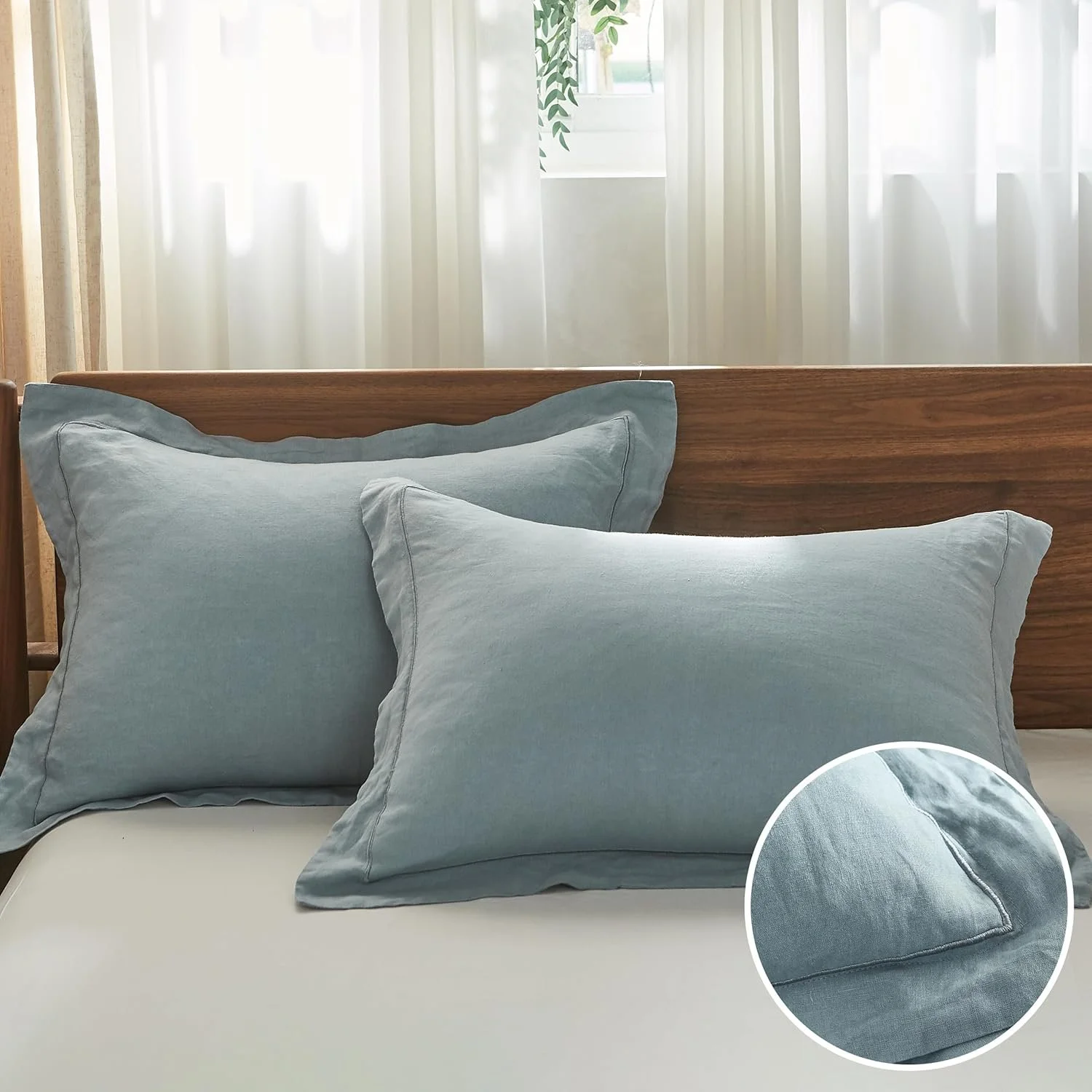 Simple&Opulence 100% French Linen Pillowcases with Embroidery – Pack of 2, Washed Solid Color Natural Flax, Soft & Breathable - Dusty Blue, 20'' x 26''