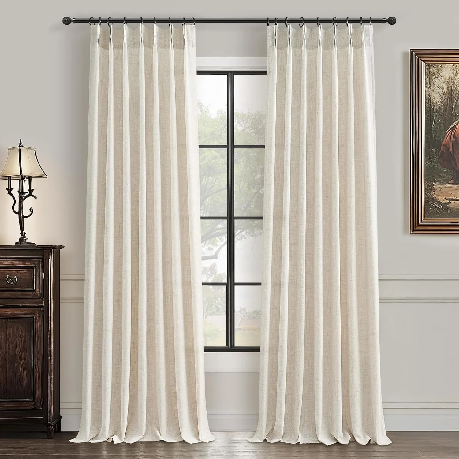 Pinch Pleated Linen Curtains 96 Inches Long for Living Room Bedroom, Light Filtering Boho Window Drape 96 inch 2 Panels Burgs with Hooks&Rings 8ft Cream Birch Sliding Glass Door Sheer Curtain Decor