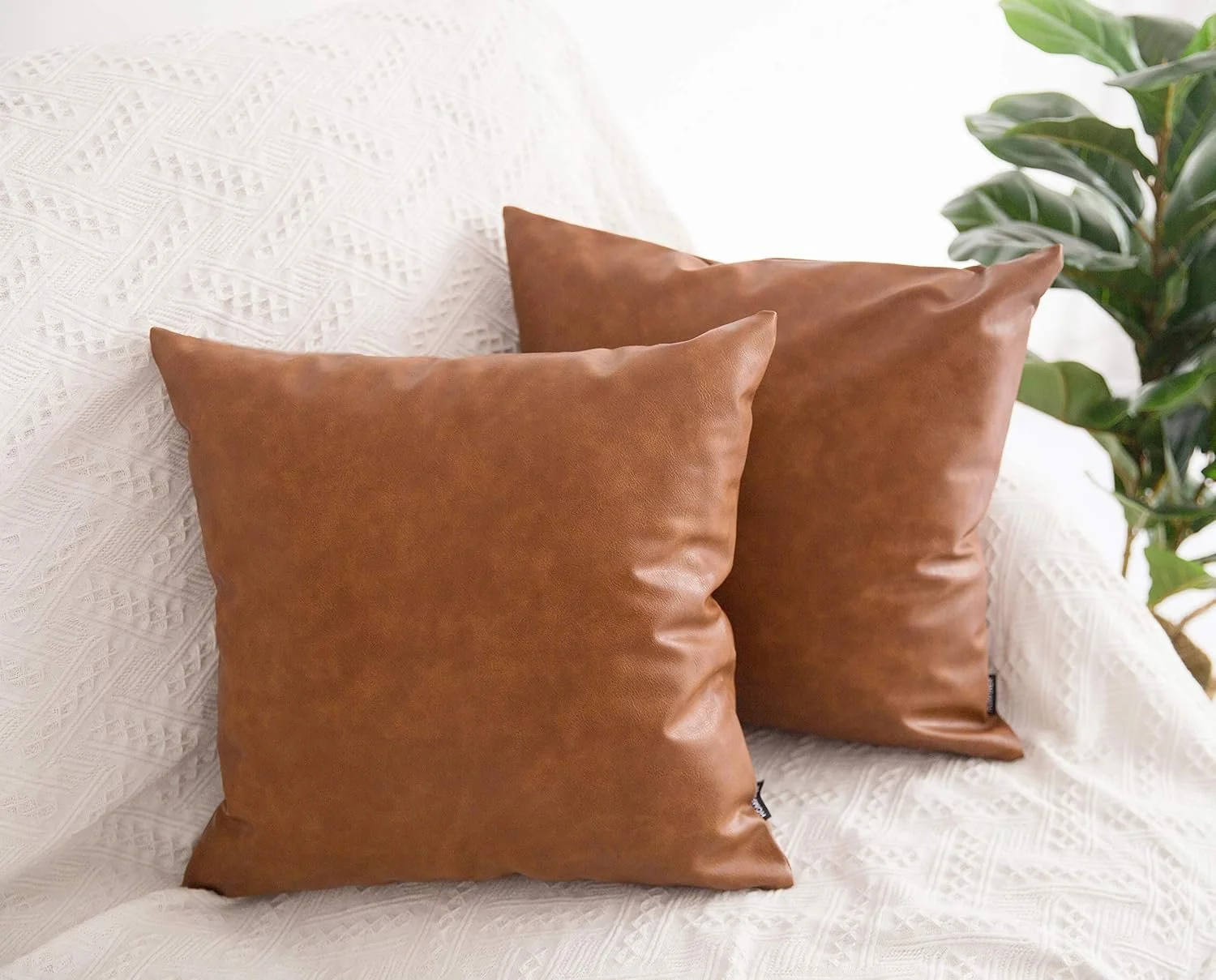 Faux Leather Throw Pillow Covers, 18 x 18 inch Set of 2 Thick Cognac Brown Modern Solid Decorative Square Bedroom Living Room Cushion Cases for Couch Bed Sofa