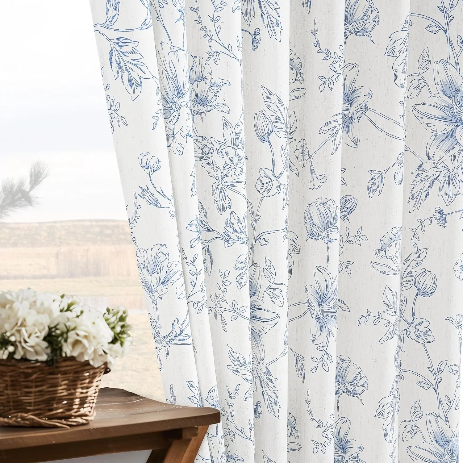Blue Pinch Pleated Floral Linen Curtains for Living Room 84 Inches Long Navy Peony Printed Patterned Curtain Farmhouse Vintage Coastal Beachy Light Filtering Pinch Pleat Drape for Bedroom Dining Room