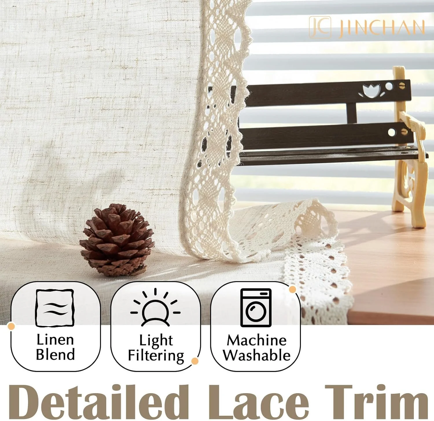 Linen Curtains for Living Room Bedroom Light Filtering Semi Sheer Curtains Boho Farmhouse French Country Cottage Core Decor Window Drapes Back Tab 63 Inch Length Laced Beige
