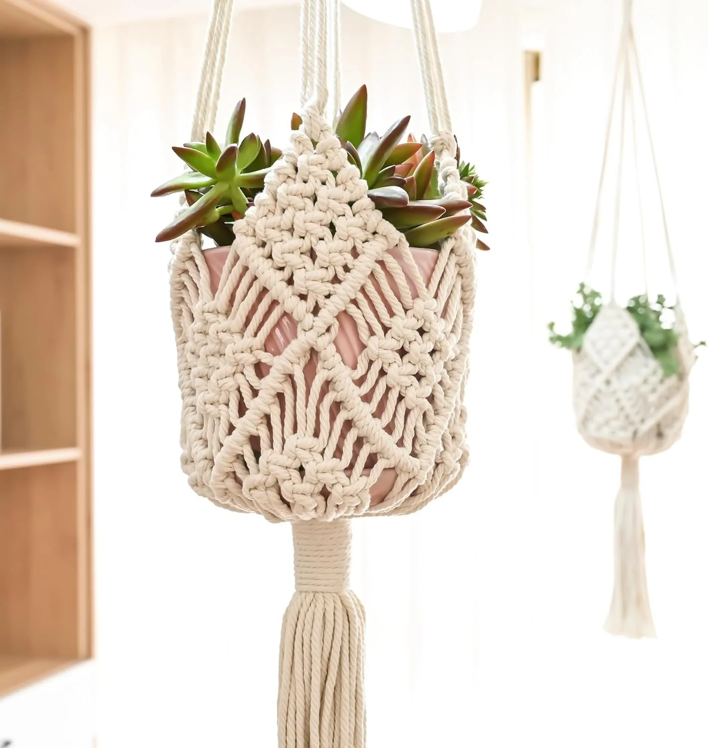 Hanging Planter with Patterns,2Packs Macrame Plant Hangers Indoor Macrame for up to 8 inch Pot Crochet Boho Plant Hanger Holder for Indoor Outdoor with 2S Shaped Stainless Steel Hooks (White)