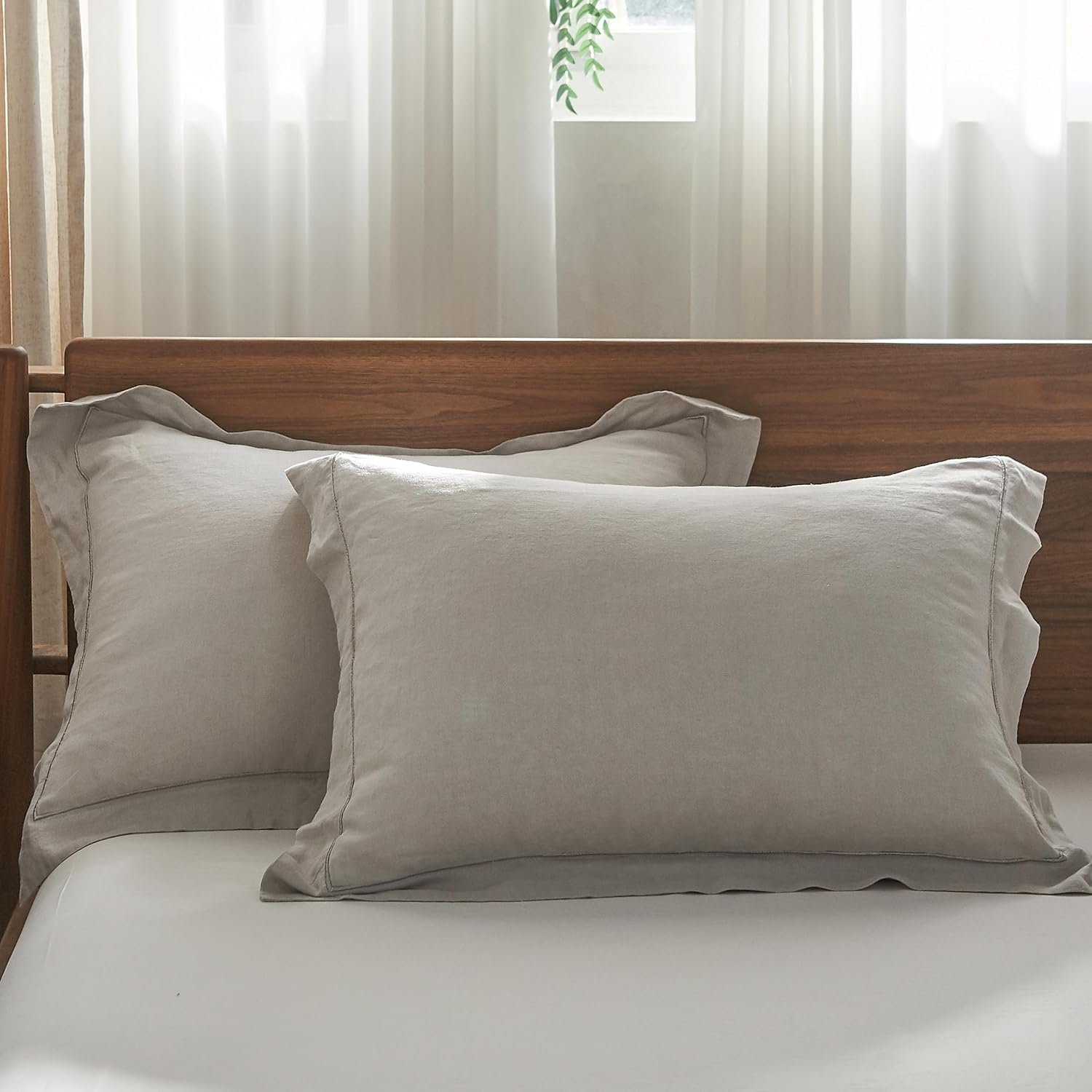 Simple&Opulence 100% French Linen Pillowcases with Embroidery – Pack of 2, Washed Solid Color Natural Flax, Soft & Breathable - Light Grey, 20'' x 26''