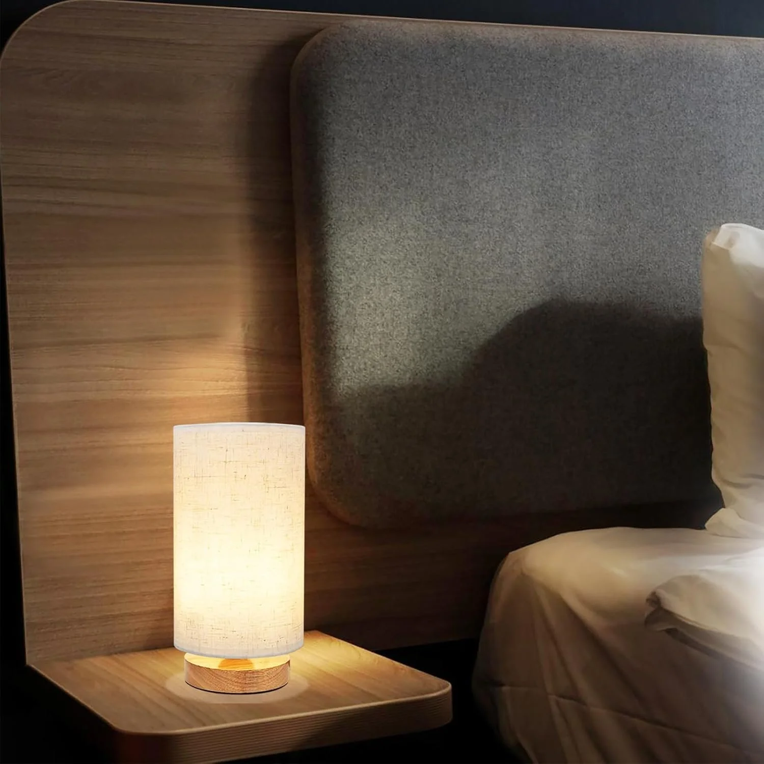 Small Bedside Table Lamp for Bedroom set of 2,Minimalist Wood Base & Round Fabric Shade, Mini Cute Cozy Warm Nightstand Boho Lamp set, Study Desk Night Stand Light for Room, Dorm, Nursery, Living Room