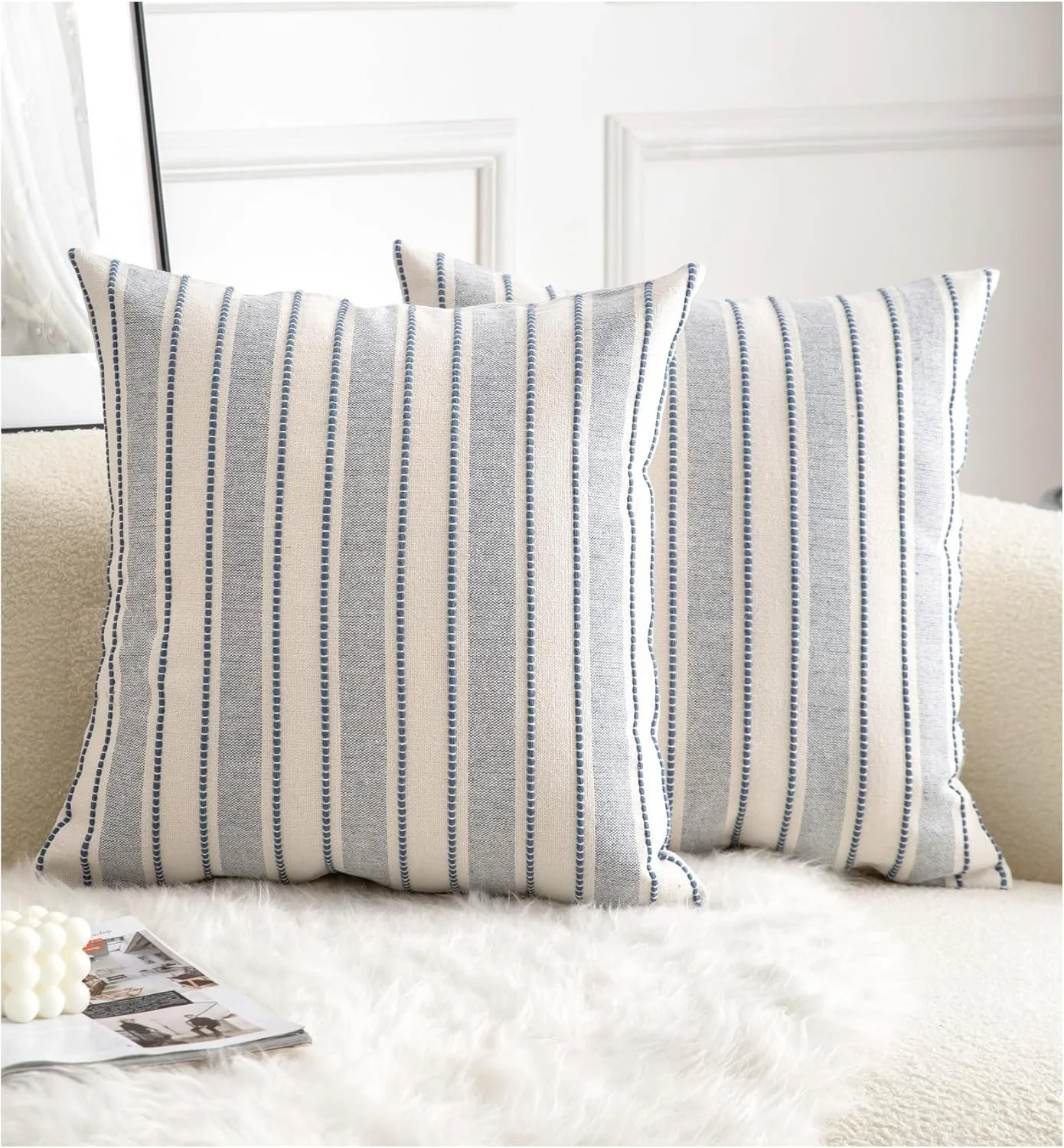 Textured Pillow Case, 18 x 18 Inch Set of 2, Chair Sofa Bedroom Living Room Home Decor Couch Cushion Case, Classic Blue and Beige Striped