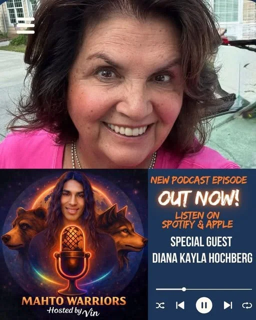 A woman with dark, curly hair and a pink top smiling outdoors, with a podcast advertisement featuring a woman and two wolves overlaid at the bottom.