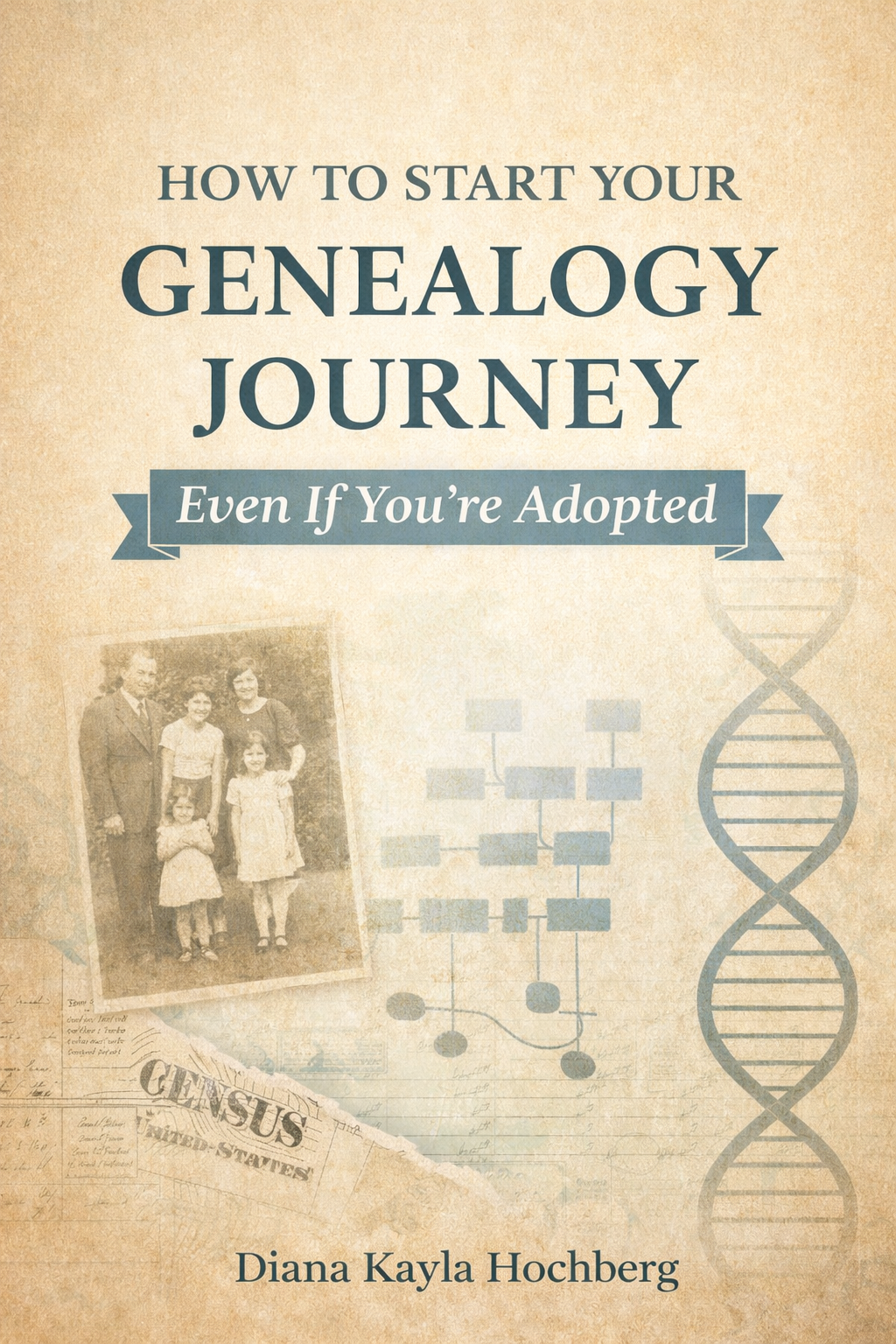 Book cover titled 'How to Start Your Genealogy Journey Even If You're Adopted' by Diana Kayla Hochberg, with a vintage photograph of a family, a DNA double helix, and a family tree diagram.