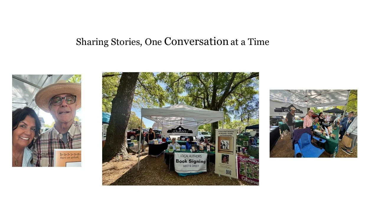 A collage of three photos at an outdoor event. The first photo shows a woman and an older man smiling for a selfie, the second photo depicts a book signing booth under a white tent with a sign that says 'Book Signing' and 'Meet & Greet', and the third photo shows a gathering of people at various booths under tents, with trees and sunlight visible.