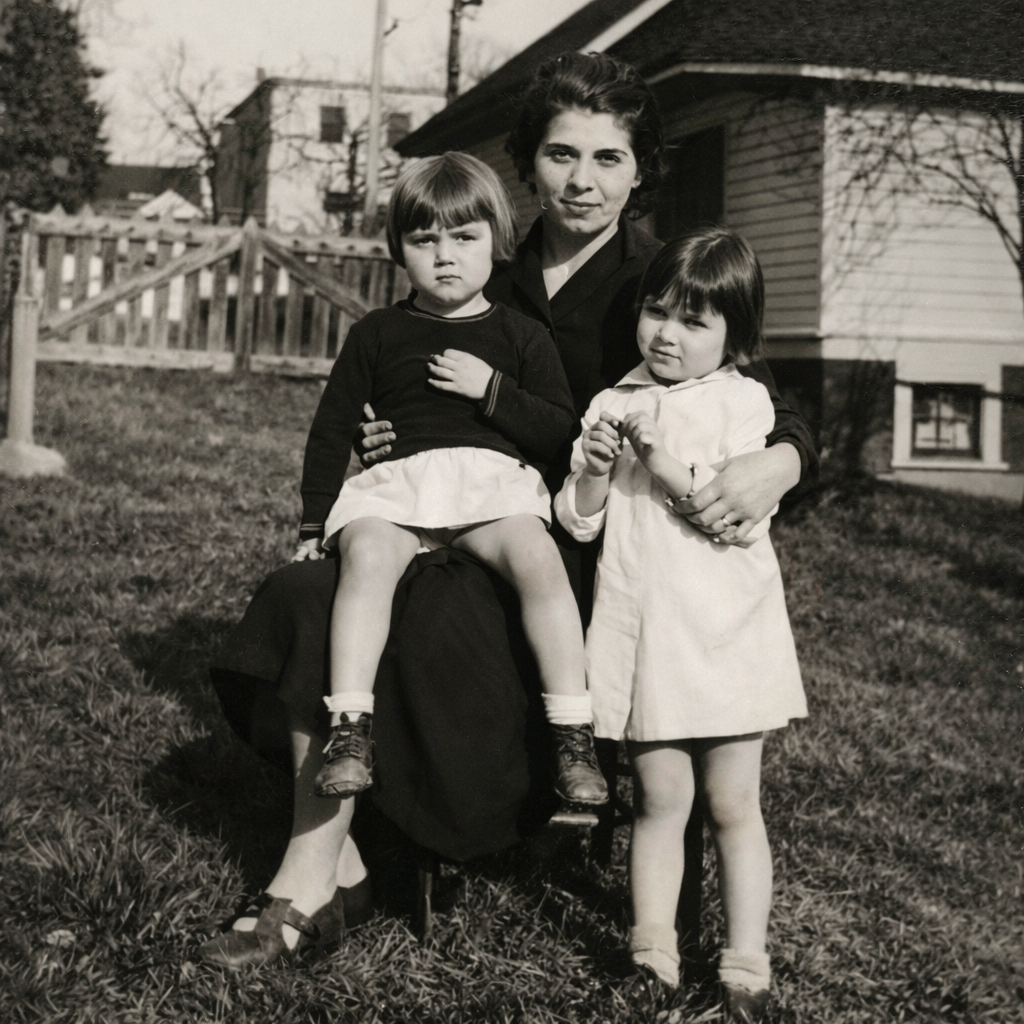 A woman sits on a chair outdoors with two young girls, one sitting on her lap and the other standing beside her, in front of a house and a wooden fence, during daytime.