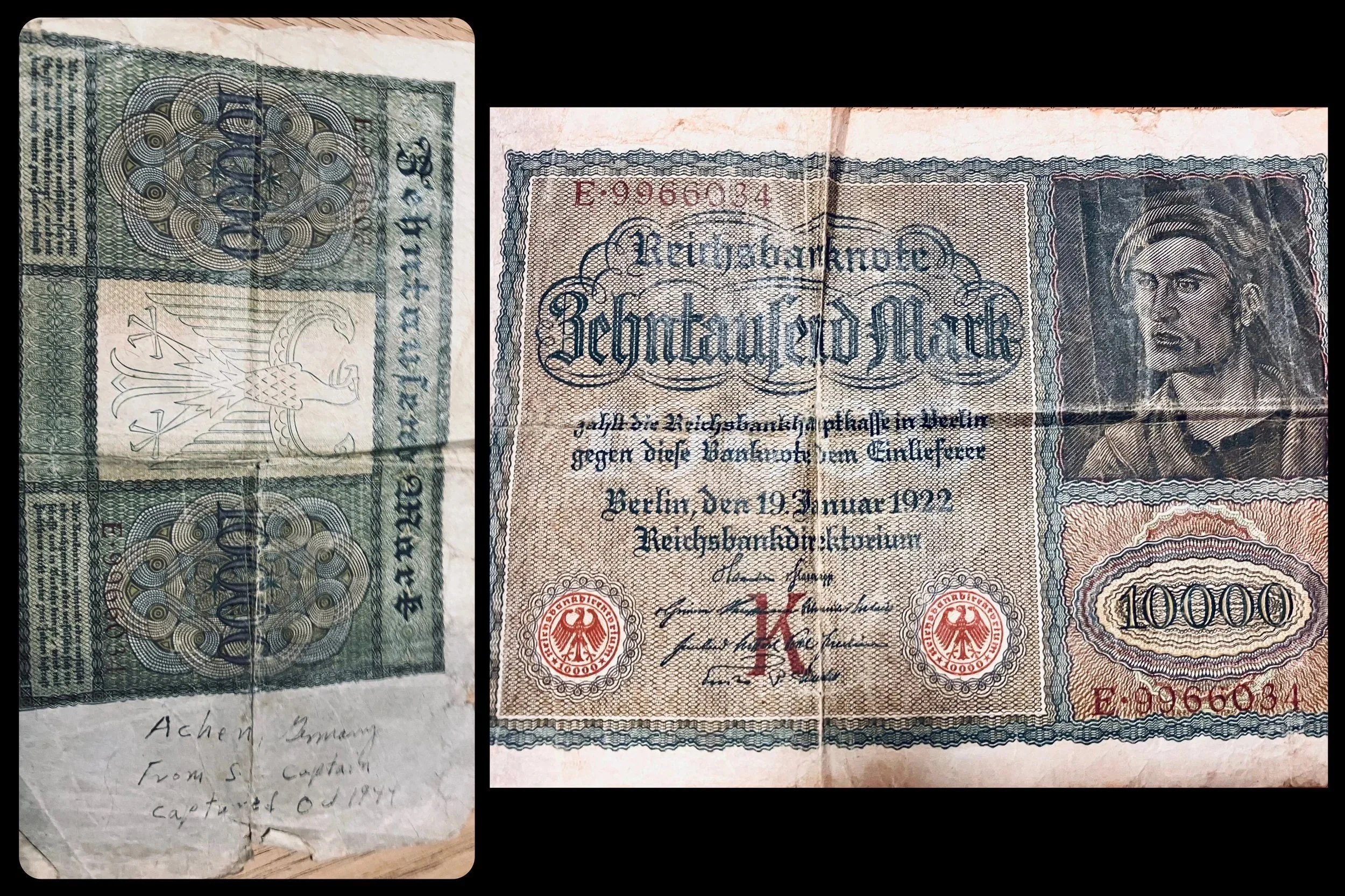 Old German banknotes, one displaying the eagle emblem and handwritten notes, the other showing a portrait of a woman and printed text, including the number 10,000.