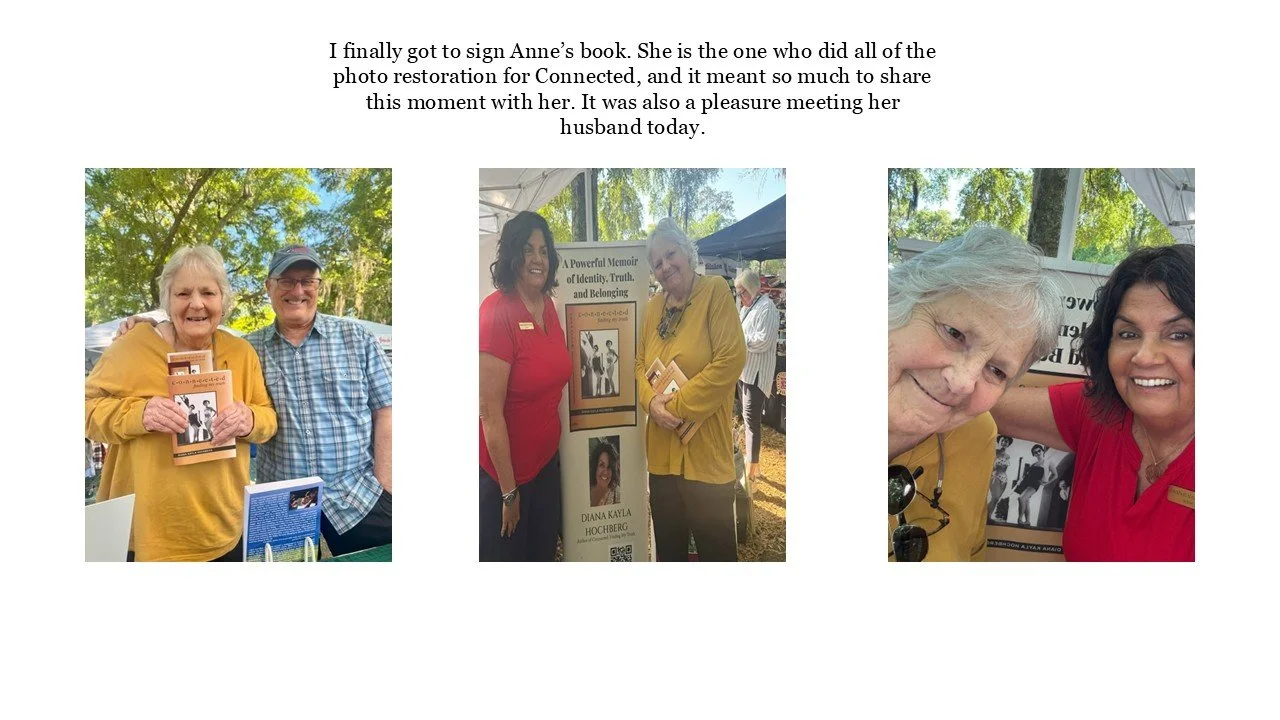 Three photos of women at a book signing event, with trees and outdoor setting.