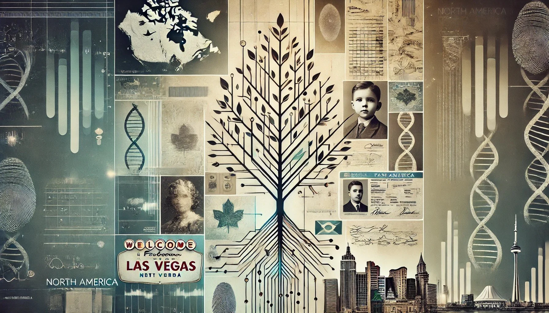 Collage featuring DNA double helix illustrations, black-and-white vintage photos, genetic diagrams, the Las Vegas welcome sign, and a city skyline with the CN Tower, all themed around genetics, DNA, and North America.