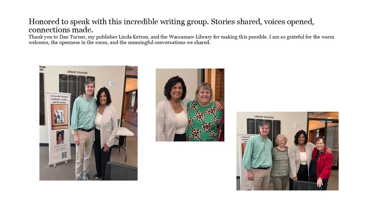 Group photo of four women and one man at a library event, with a banner in the background reading 'Library Donors' and information about a memoir