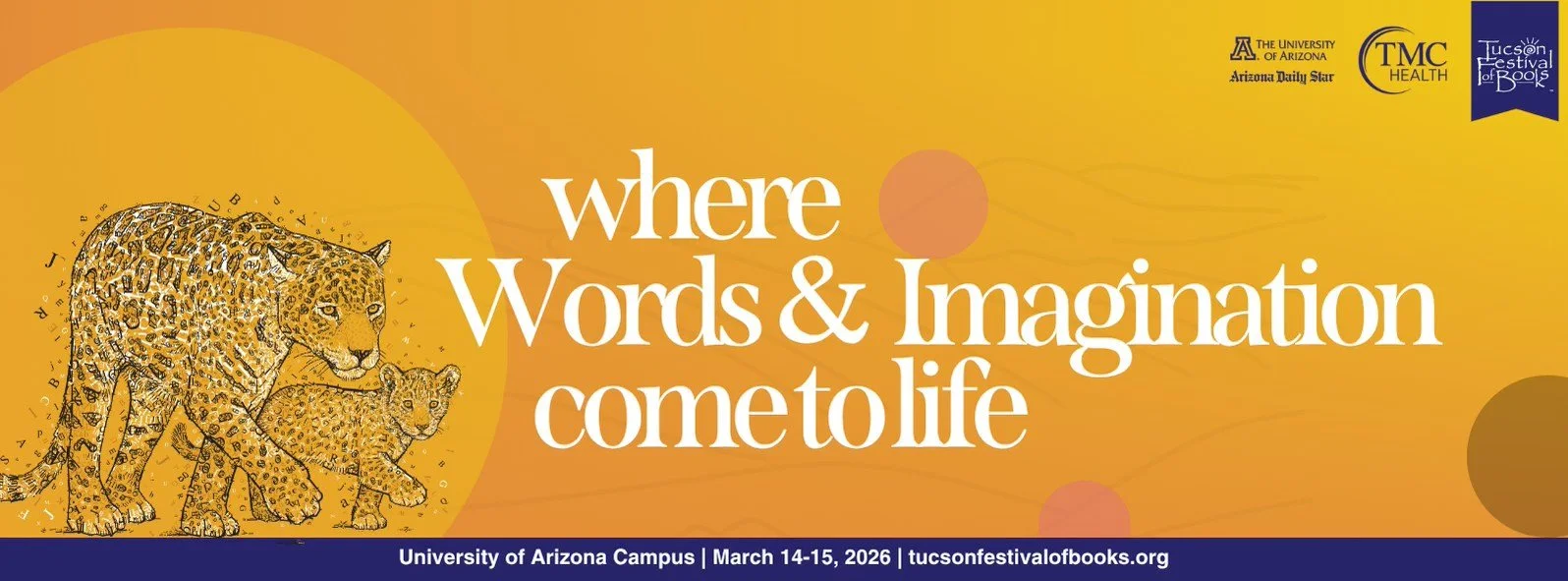 Illustration of two leopards, one adult and one young, with scattered alphabet letters in the background, promotional banner for the Tucson Festival of Books at the University of Arizona Campus, March 14-15, 2026.