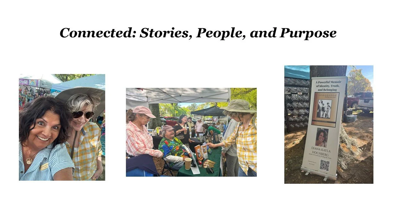 A collage of three photos from a community event. The first photo shows two women smiling, one wearing a blue shirt, and the other in a checkered shirt and sunglasses. The second photo depicts a group of people at an outdoor booth, with a woman in a yellow checkered shirt handing something to an elderly woman in bright floral clothing. The third photo features a tall signboard with a black and white photo, text, and a small portrait of a woman, placed outdoors near tents and parked cars.