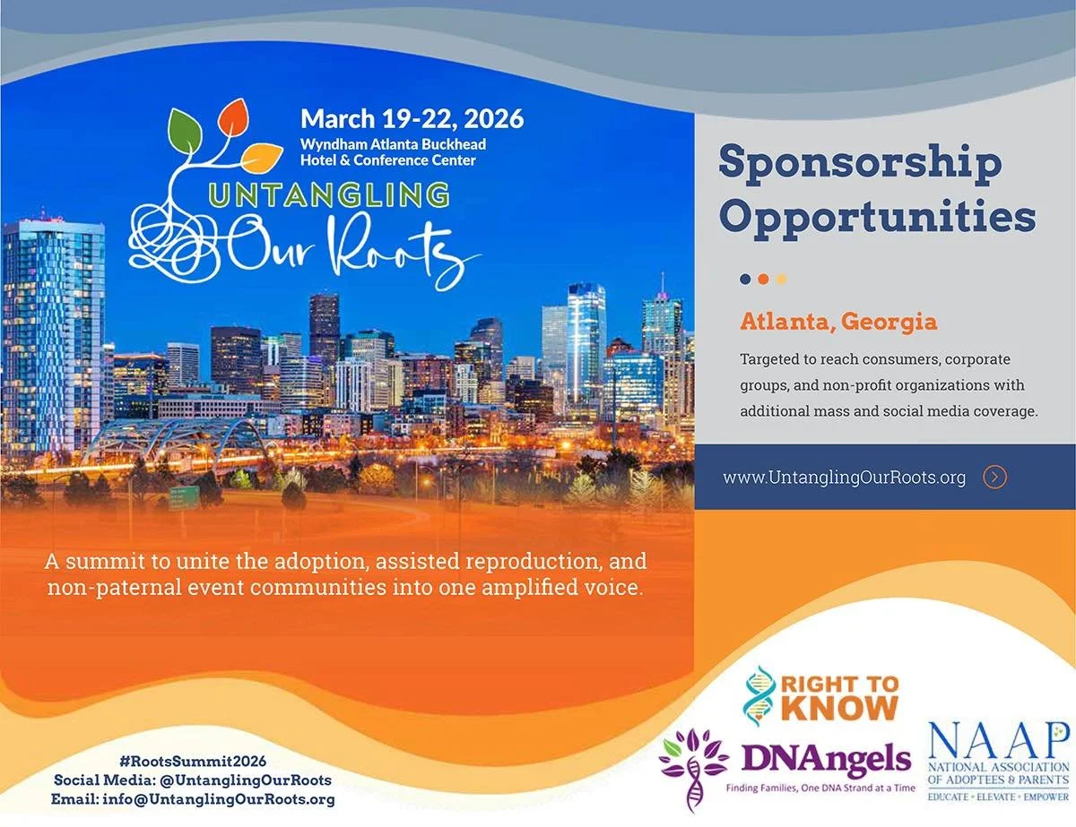 Flyer for the Untangling Our Roots event in Atlanta, Georgia, scheduled for March 19-22, 2026, at the Wyndham Atlanta Buckhead Hotel & Conference Center. The flyer features a city skyline, event details, and logos of the sponsors and partners, including Right to Know, DNAngels, and NAA P.