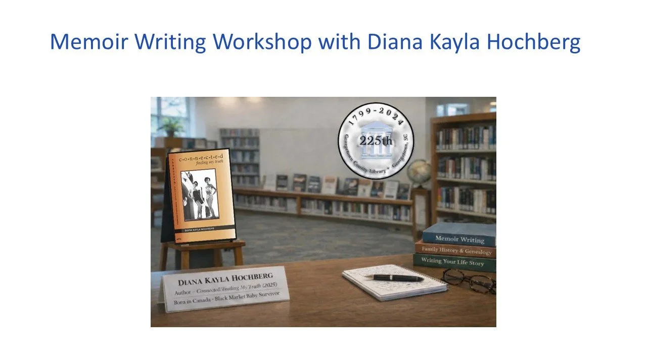 Display table with books and a sign, set in a library, for a memoir writing workshop with Diana Kayla Hochberg, celebrating the library's 225th anniversary.