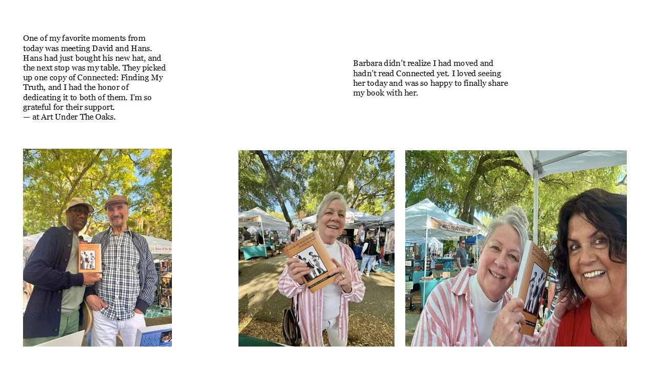 Three photos from an outdoor book event. In the first, two men are standing together outdoors, one holding a book. In the second, a woman smiling and holding a book outdoors with trees and tents in the background. In the third, two women smiling, one holding a book, outdoors with tents and trees in the background.
