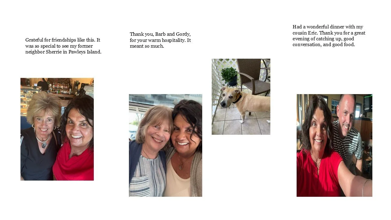 Collage of four photographs with text about friends, family, and a dog during dinner on a patio.