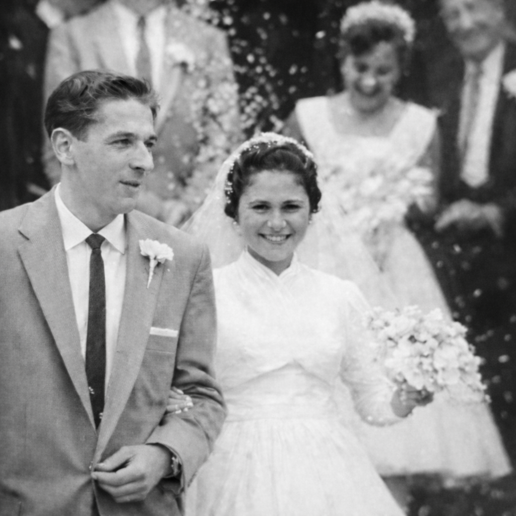 A wedding photo of a smiling bride and groom, with a woman in a dress in the background at an outdoor wedding ceremony.