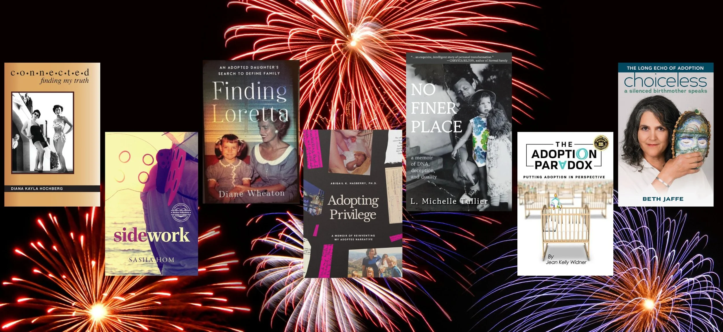 Collection of book covers arranged in front of fireworks display. The books include titles about adoption, family, and personal stories, with various cover designs and photographs.