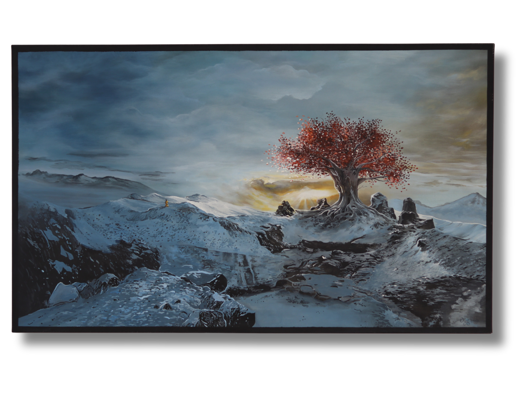 Individuelles Auftragsgemälde von Oleg Kolechenko mit winterlicher Berglandschaft, rotem Baum und einem kleinen Mönch auf dem Weg.