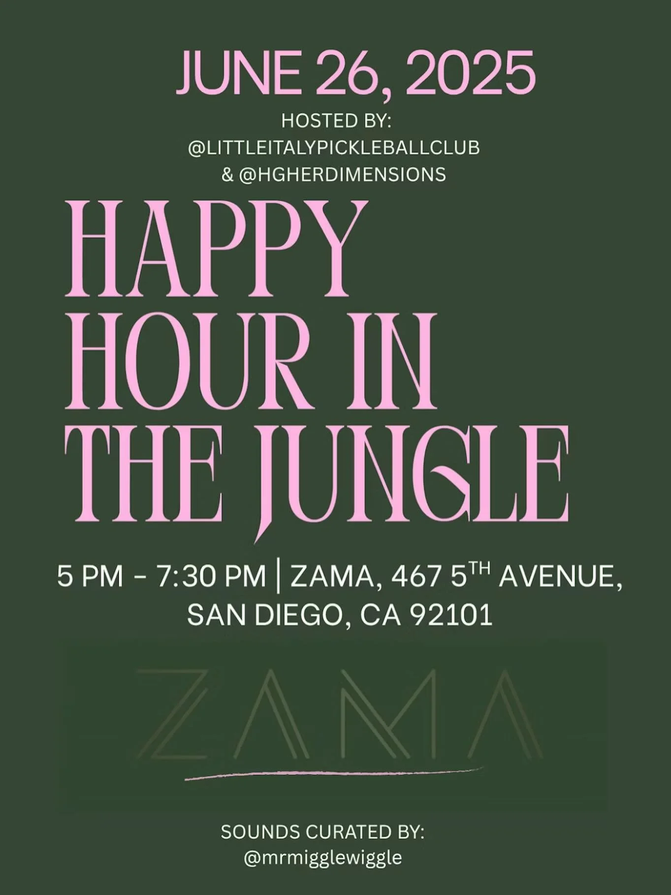 Sip, dine, and unwind with us at Zama 🌿✨ All are welcome. 21+ 

Enjoy sushi, bites, cocktails, and zero-proof options, all in a gorgeous indoor yet tropical setting. 

Hosted by Little Italy Pickleball Club &amp; Melissa 

A surprise lesson by Shate