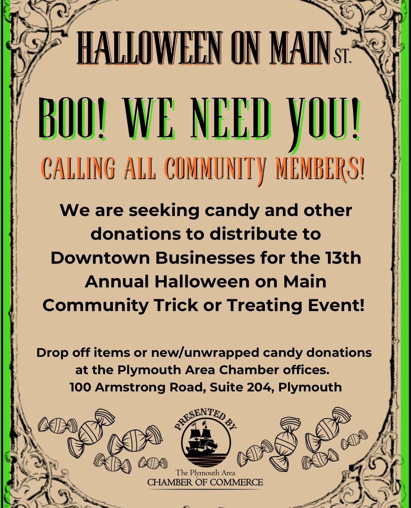🎃👻 Boo from the Chamber Crew! 👻🎃⁠
⁠
We&rsquo;re gearing up for Halloween on Main and need your help! We&rsquo;re looking for donations of candy, stickers, spider rings, or any Halloween goodies you&rsquo;d like to share.⁠
⁠
All donations will be 
