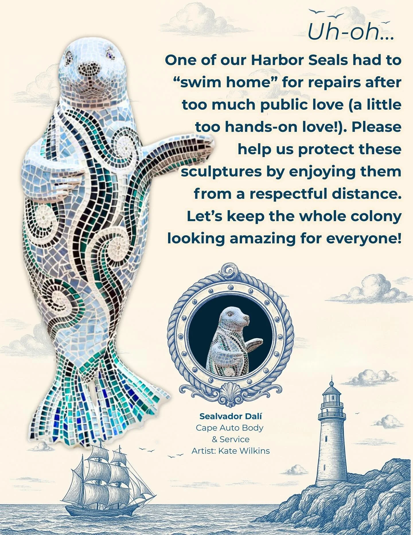 One of our Harbor Seals is temporarily out for repairs due to damage from public handling. 🦭💛 Please help us keep the full installation beautiful by not touching, climbing, or leaning on the sculptures. Thanks for showing our seals some love&mdash;