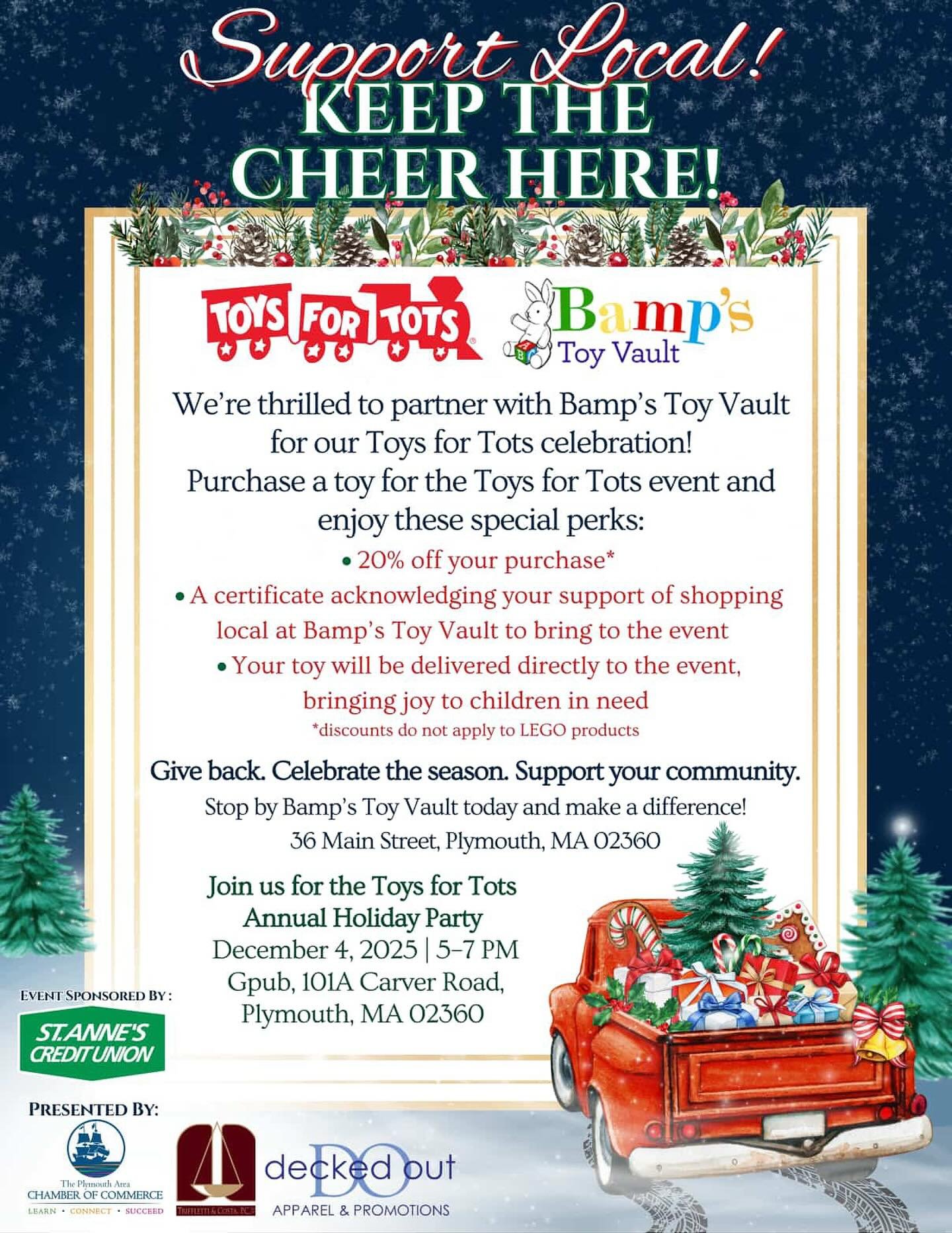 🎁 Support local and spread some holiday joy! 🌟⁠
We&rsquo;re partnering with Bamp&rsquo;s Toy Vault for this year&rsquo;s Toys for Tots celebration!⁠
When you purchase a toy at Bamp&rsquo;s for the Toys for Tots drive, you&rsquo;ll receive 20% off y