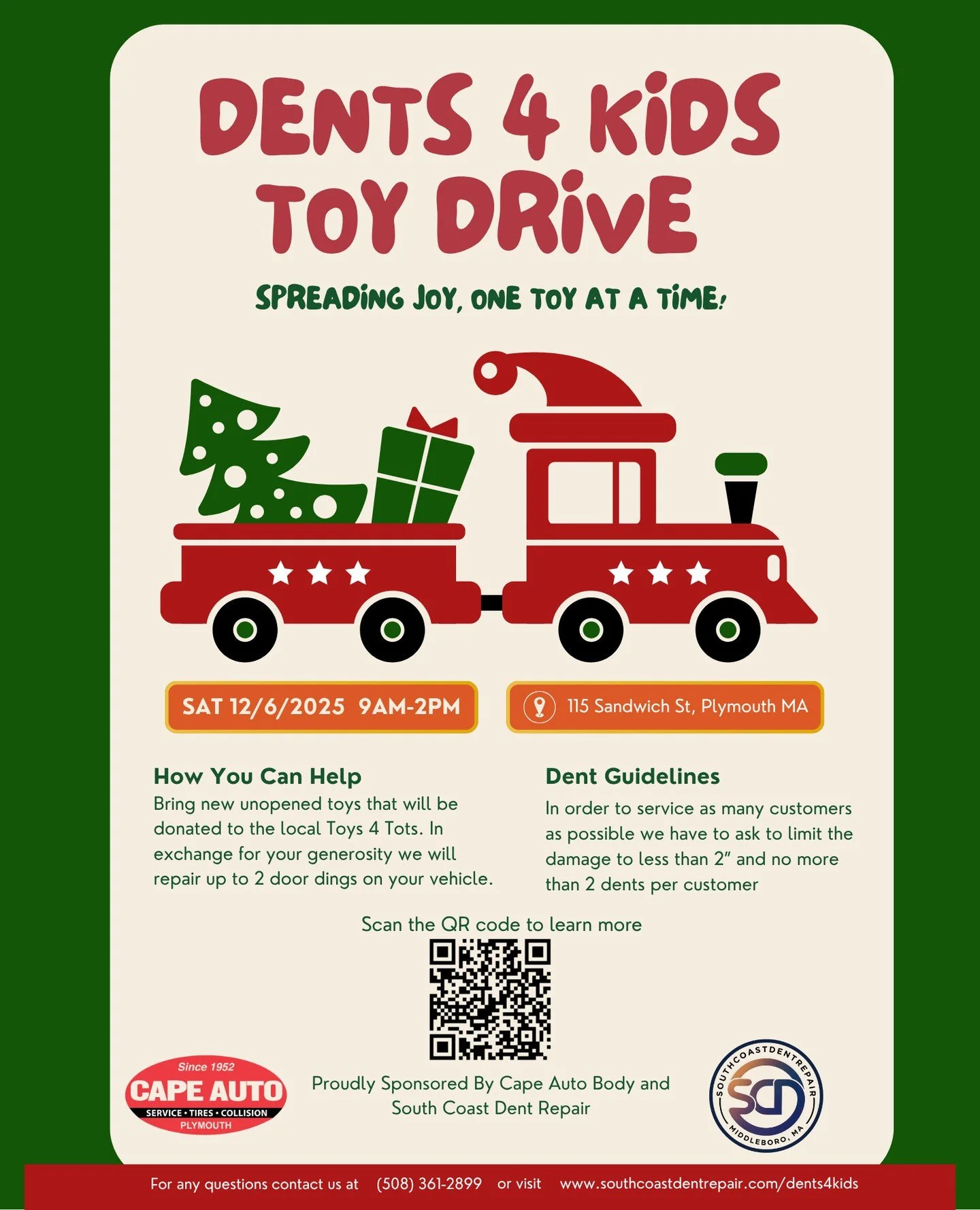 Join Cape Auto Body and South Coast Dent Repair for the Dents 4 Kids Toy Drive! 🎅⁠
Bring a new, unwrapped toy for Toys for Tots and help spread joy this holiday season. In return, they&rsquo;ll repair up to two small door dings on your vehicle! All 