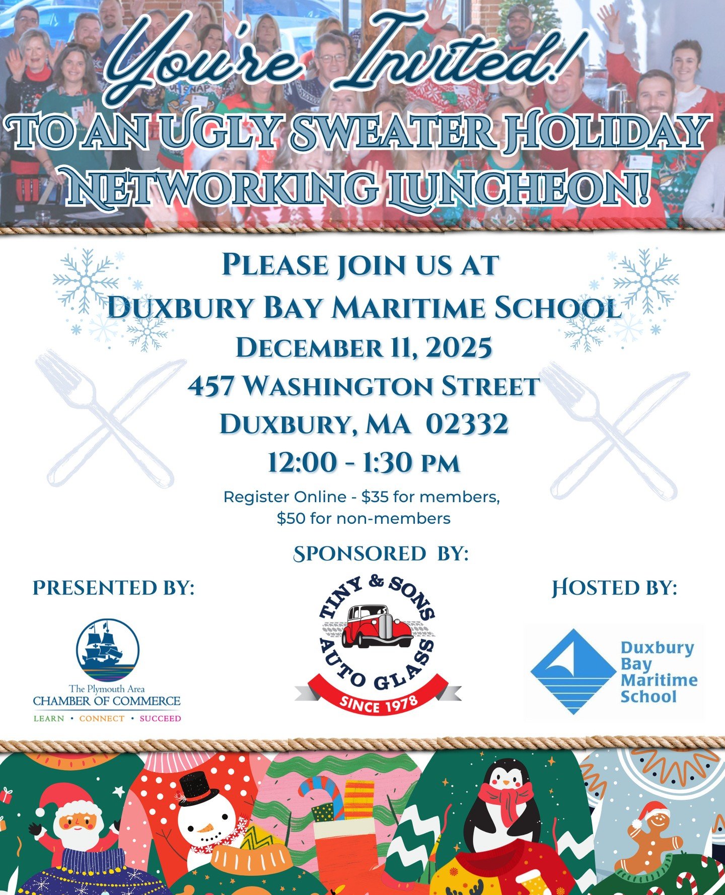 🎄✨ Get ready to mix, mingle, and jingle! ✨🎄⁠
⁠
Join us for our Ugly Sweater Networking Luncheon &mdash; a festive and fun way to wrap up the year with your fellow Chamber members!⁠
Thursday , December 11⁠
12:00 &ndash; 1:30 PM⁠
Duxbury Bay Maritime