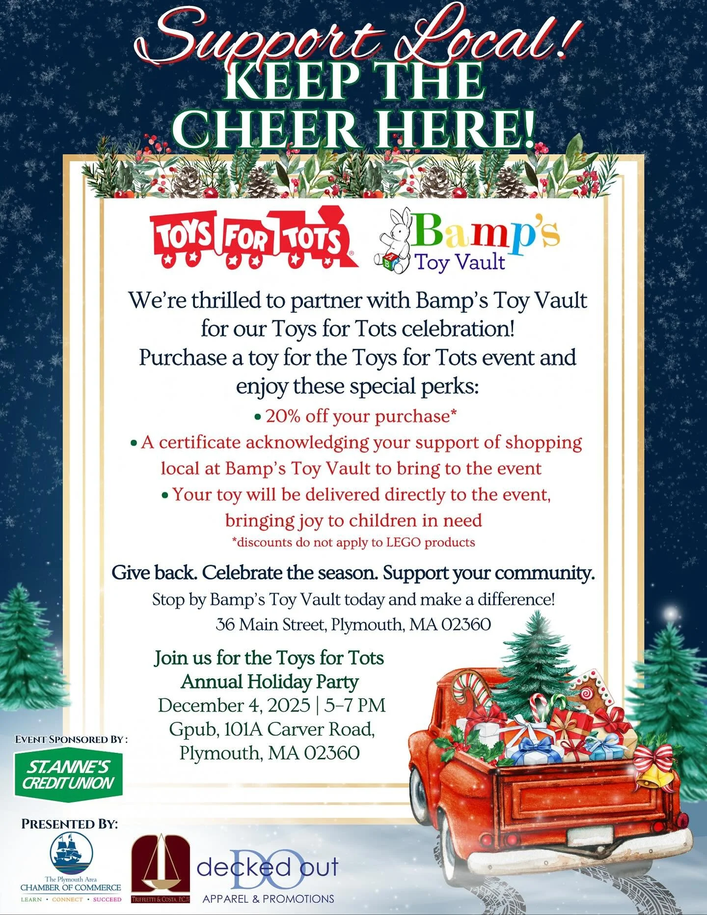 🎁 Only 5 days to go until the Annual Holiday Party on December 5, 2025, from 5&ndash;7 PM at Gpub Plymouth!

We&rsquo;re teaming up with Bamp&rsquo;s Toy Vault for this year&rsquo;s Toys for Tots drive! 🎄 Bring a toy to donate and enjoy 20% off you