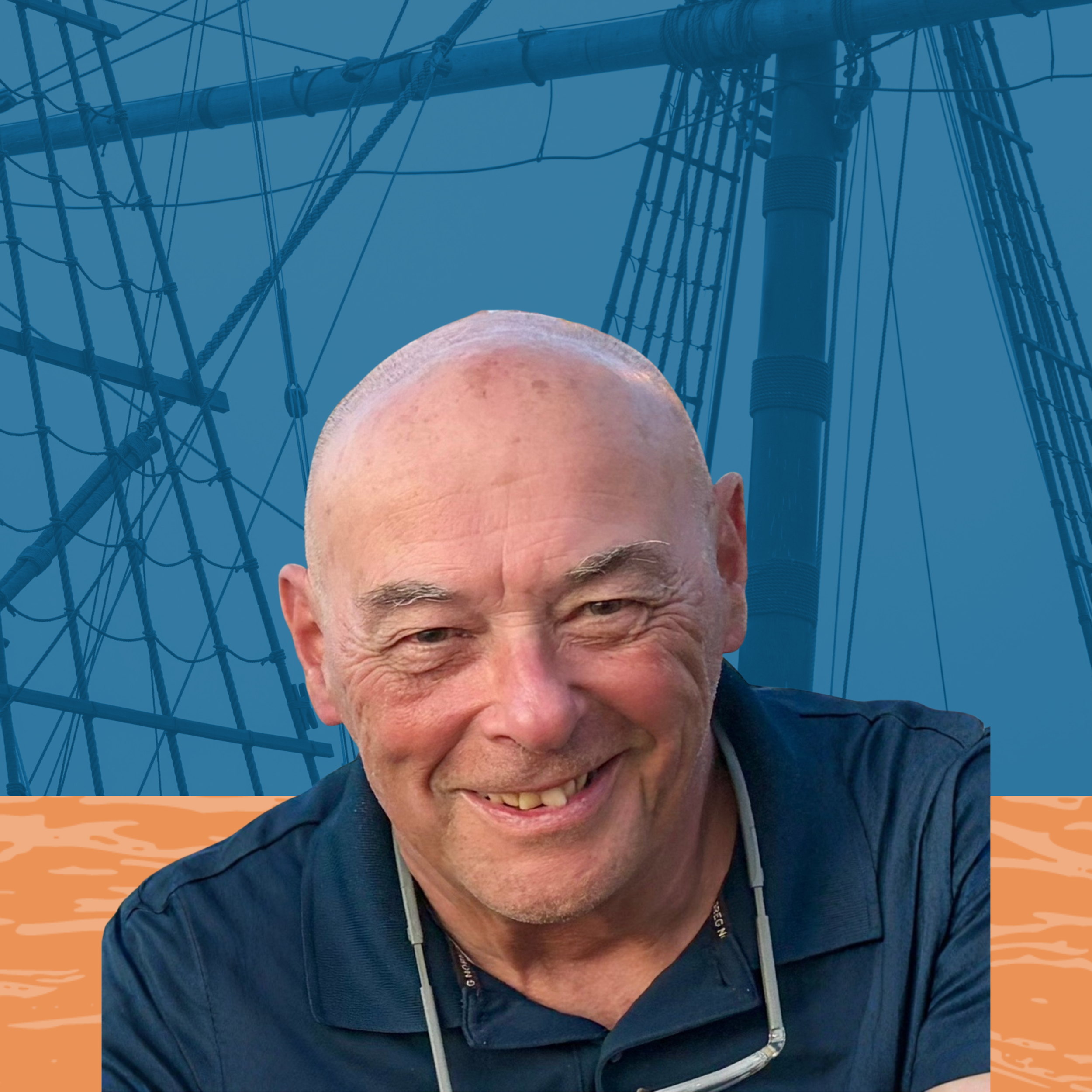 A woman with blonde hair, wearing glasses, a light-colored sweater, and a black skirt, standing with her hand on her hip in front of a background featuring a tall ship's rigging and masts, with a stylized orange ground.