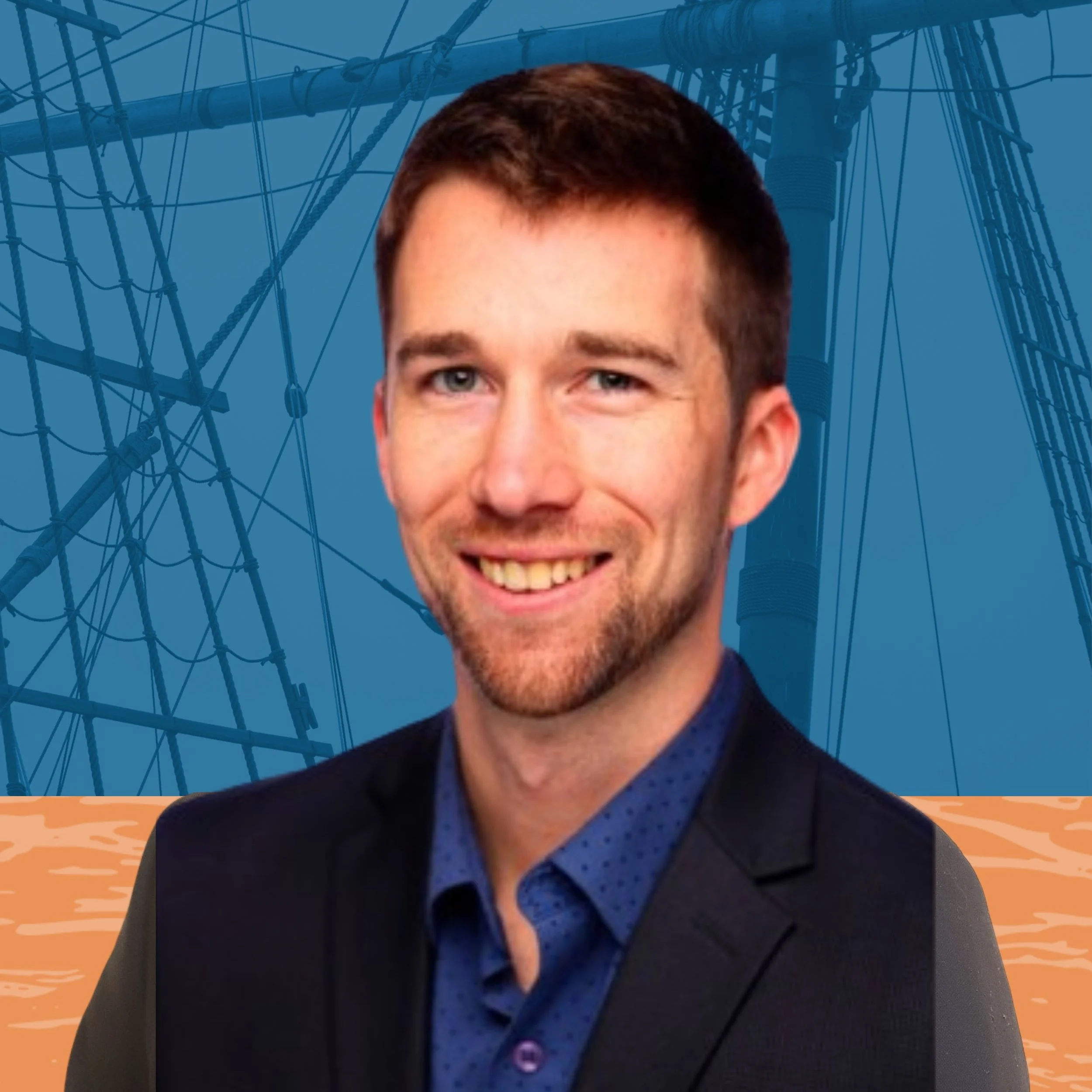 A man in a black suit jacket and blue shirt, smiling in front of an illustrated ocean scene with a ship's mast and rigging against a blue sky.