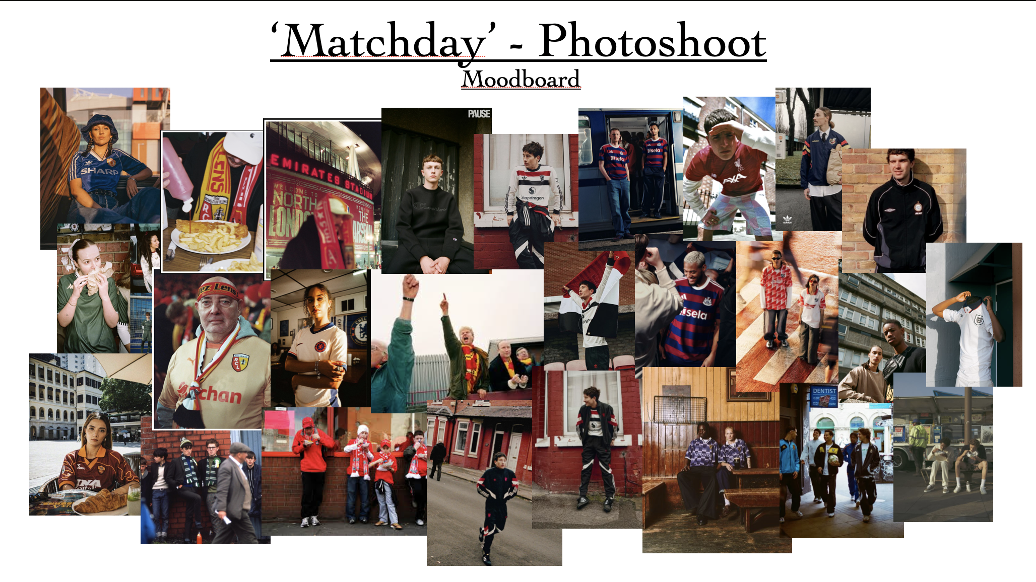 Collection of various people, mostly young, in different settings including sports, urban streets, and indoor scenes, with a title 'Matchday - Photoshoot Moodboard'.