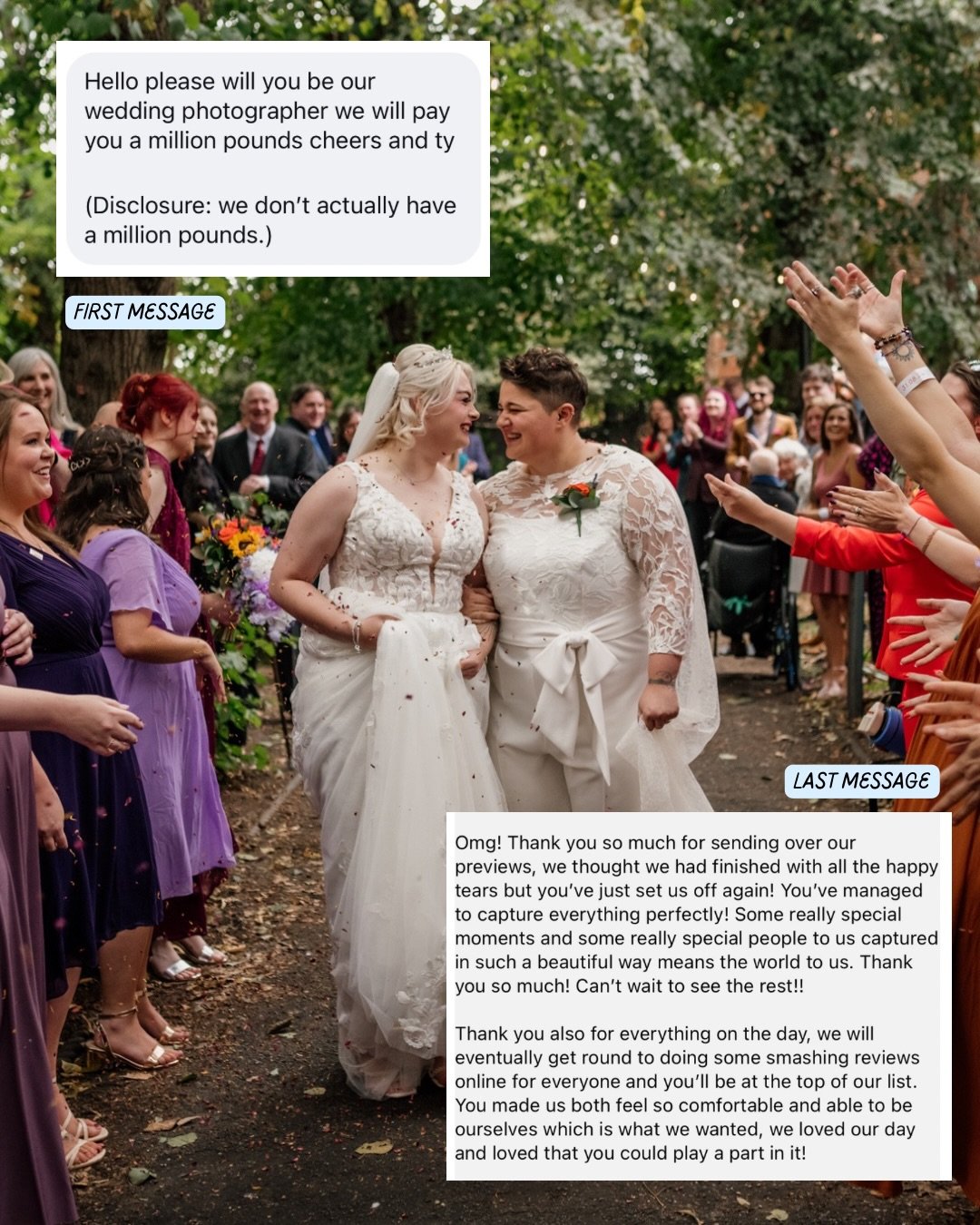 First and last messages from just a handful of my wonderful couples 🥹😭

I can&rsquo;t articulate just how much it means to get responses like this when you send galleries out as a wedding photographer. I put my heart and soul into my work to captur
