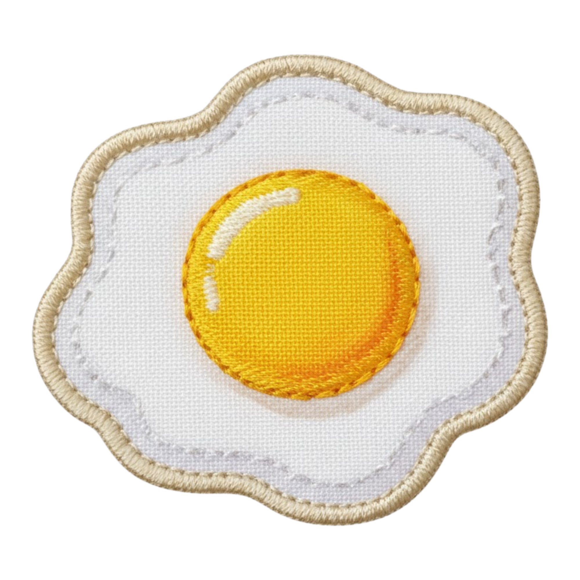 Embroidery patch shaped like a sunny side up egg with a white border.