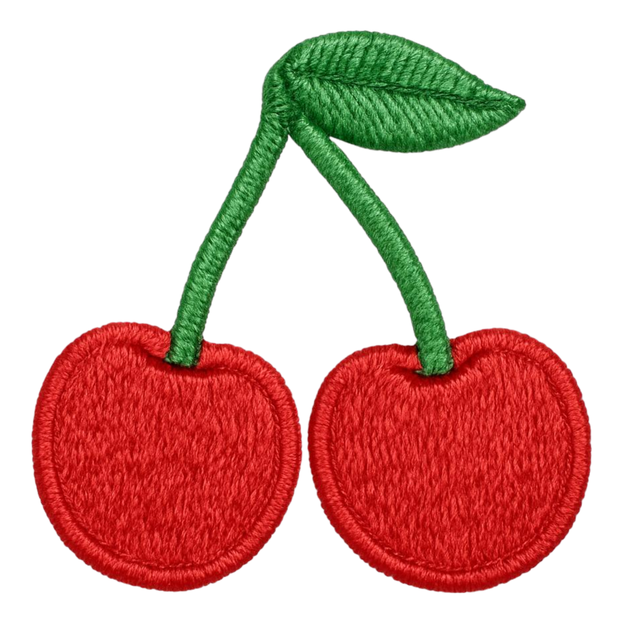 Embroidery of a pair of red cherries with green stems and leaf.