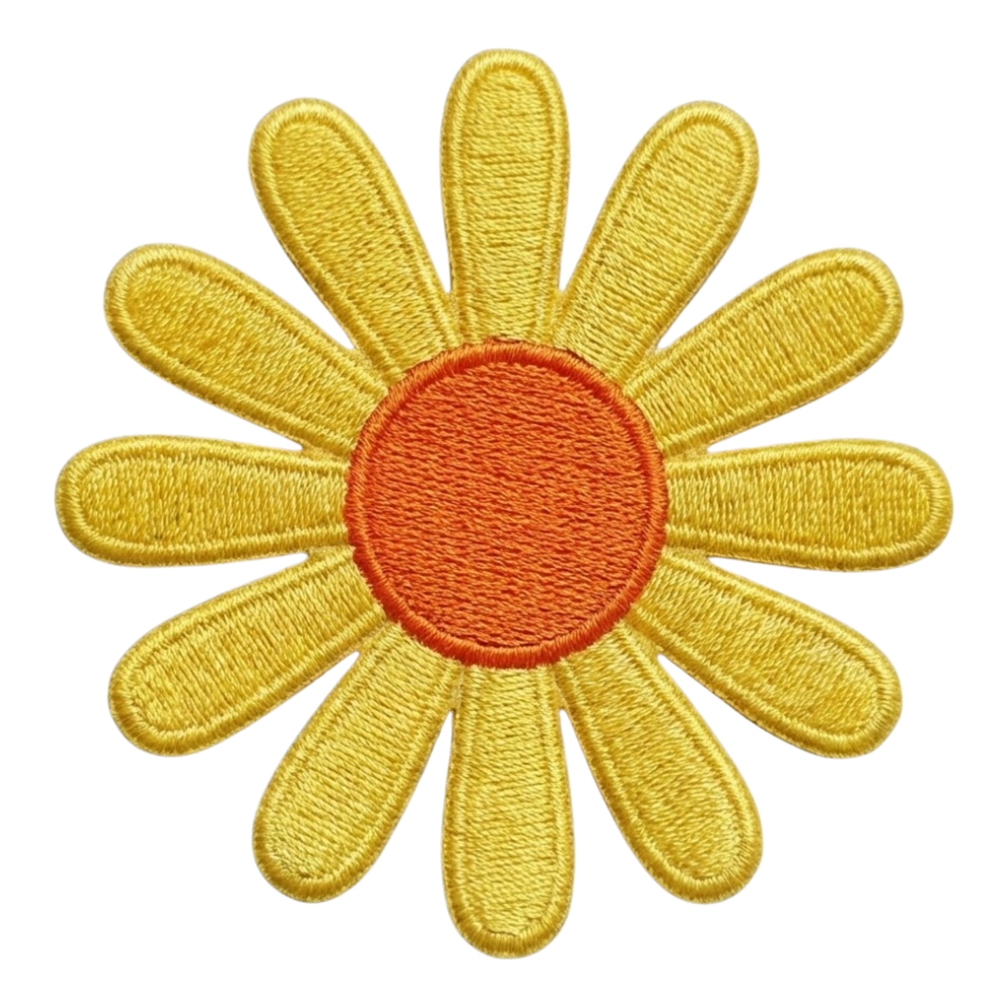 Embroidery patch of a daisy flower with yellow petals and an orange center.
