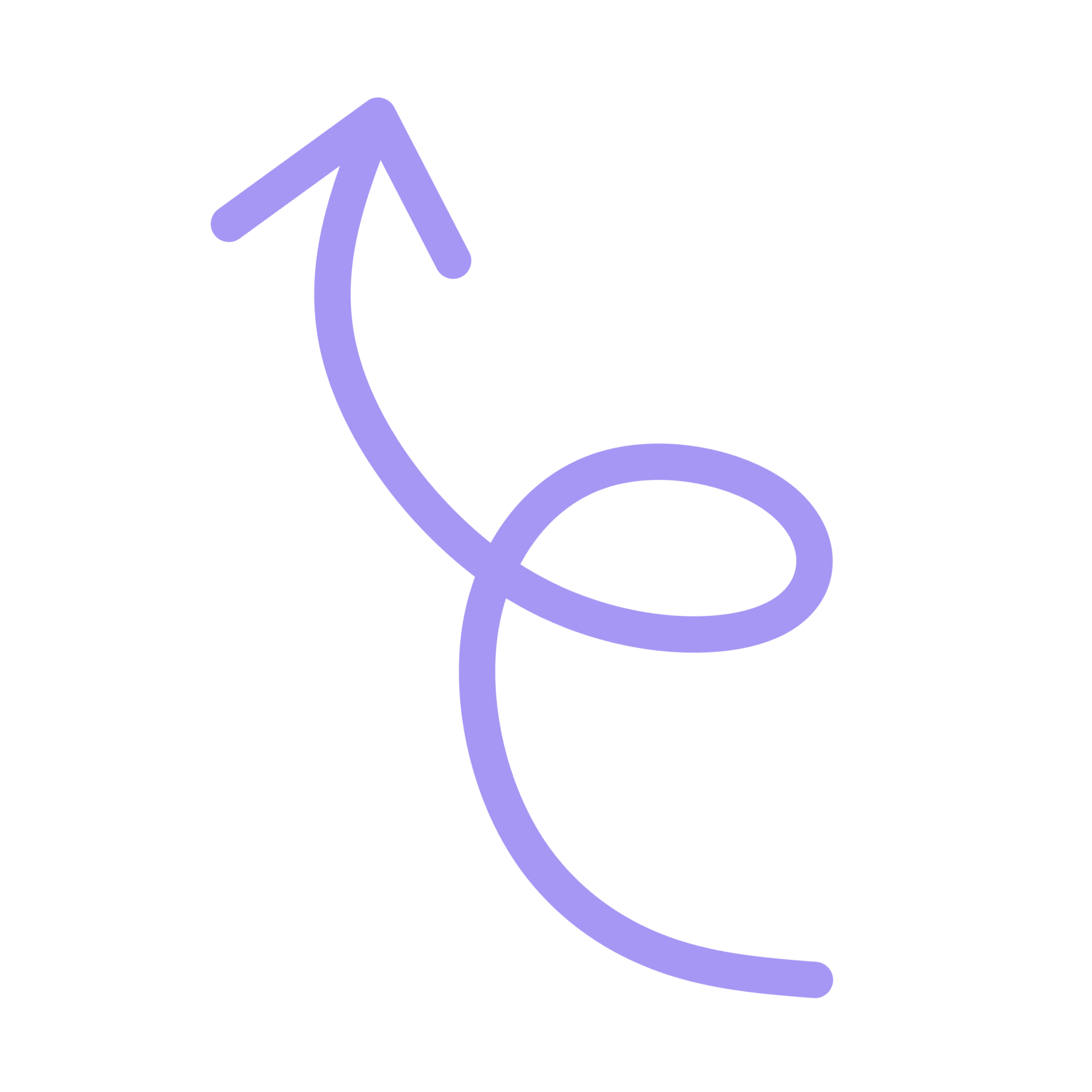 A purple, hand-drawn arrow with a loop near the middle, curving upward and then turning left with an arrowhead pointing upward.