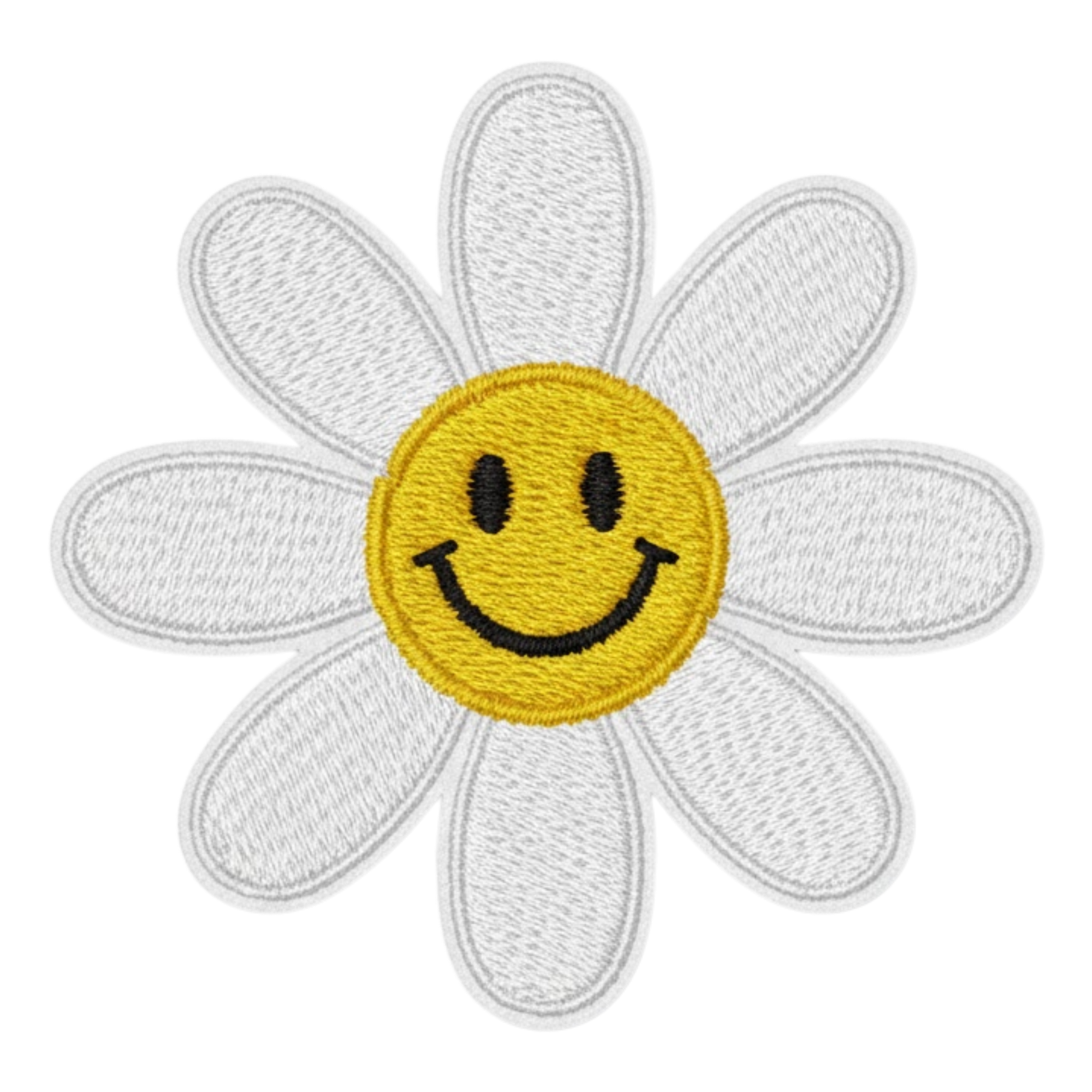 An embroidered patch of a daisy flower with white petals and a yellow center featuring a black smiling face.