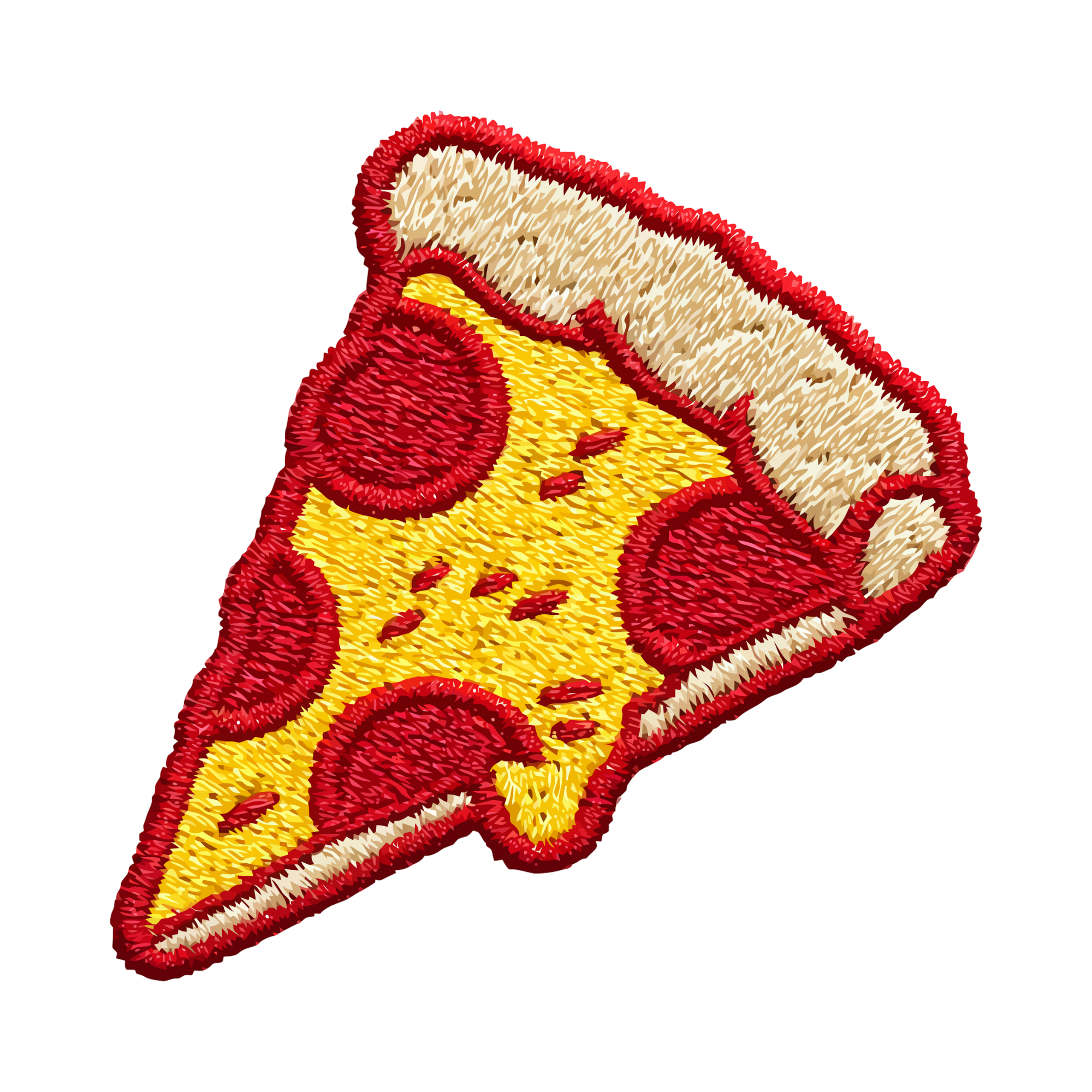 Pixel art depiction of a slice of pepperoni pizza with melted cheese, tomato sauce, and multiple pepperoni slices.