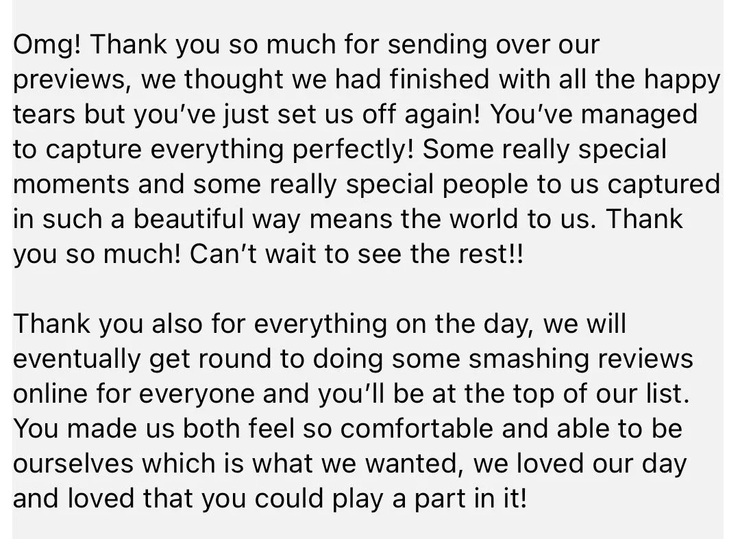 Screenshot of a thank-you message expressing gratitude for sending previews and capturing special moments, and mentioning planning to do reviews online.